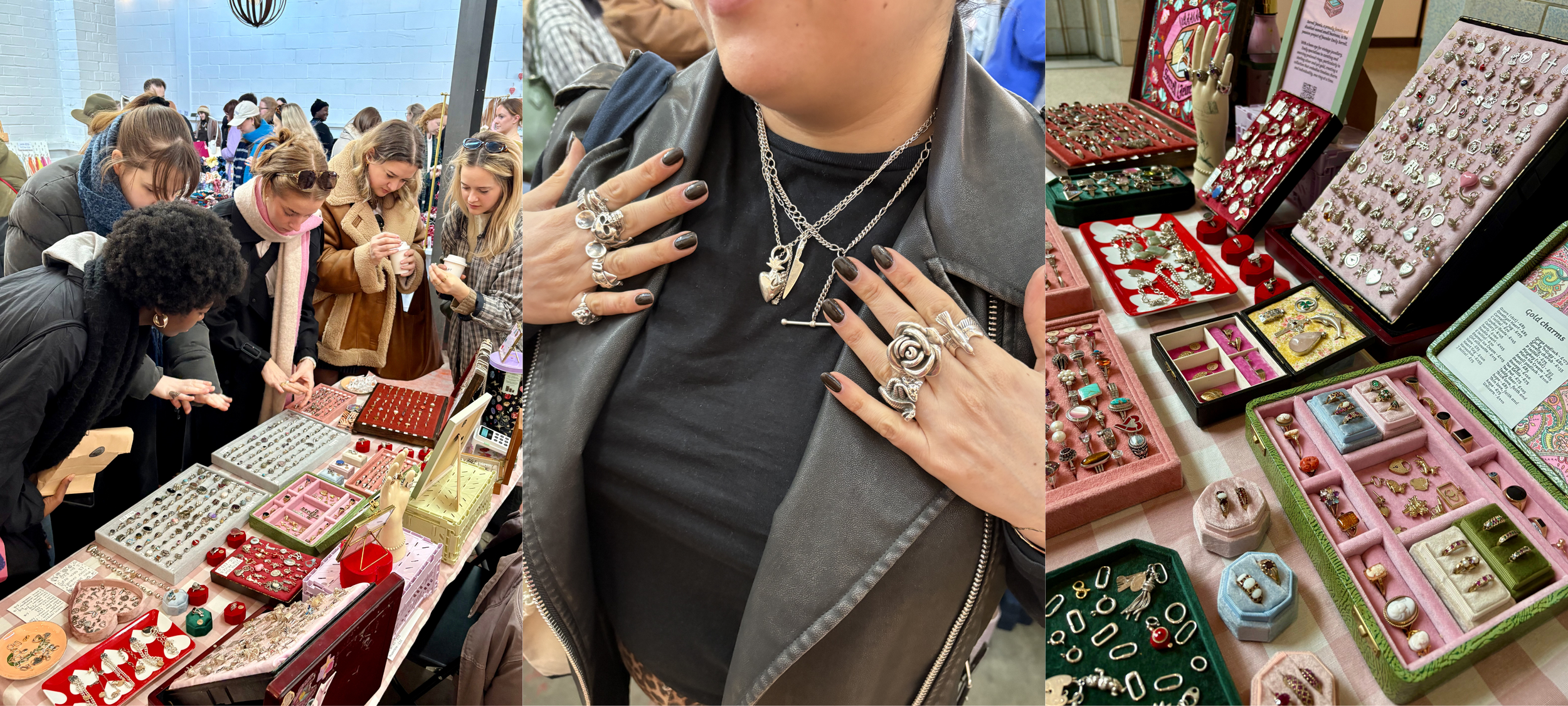 Shoppers gathered around the Sorrell Jewels table, a customer wearing layered silver rings and chains, and trays of charms and rings arranged in pink and green velvet.