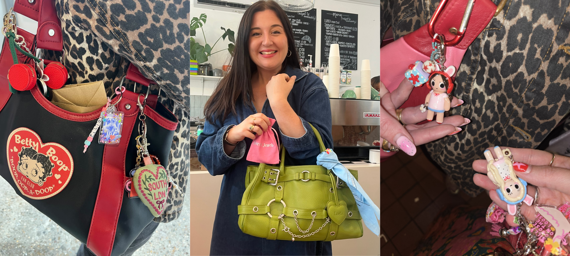 A collage of handbags decorated with layered charms, plush keyrings, cherries and colourful trinket accessories
