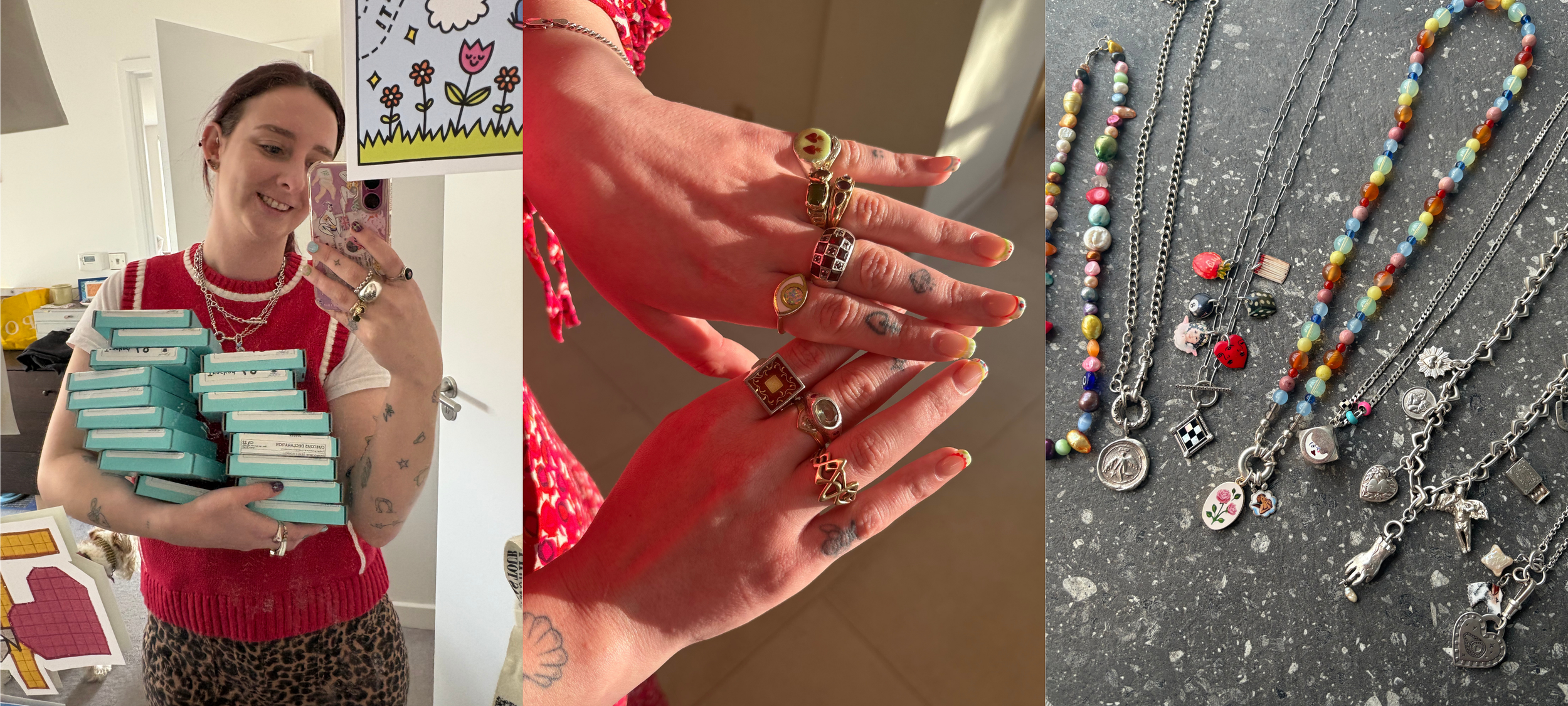 Emily holding a stack of Sorrell ring boxes, hands in sunlight wearing vintage rings, and a flat lay of colourful beaded and silver charm necklaces.