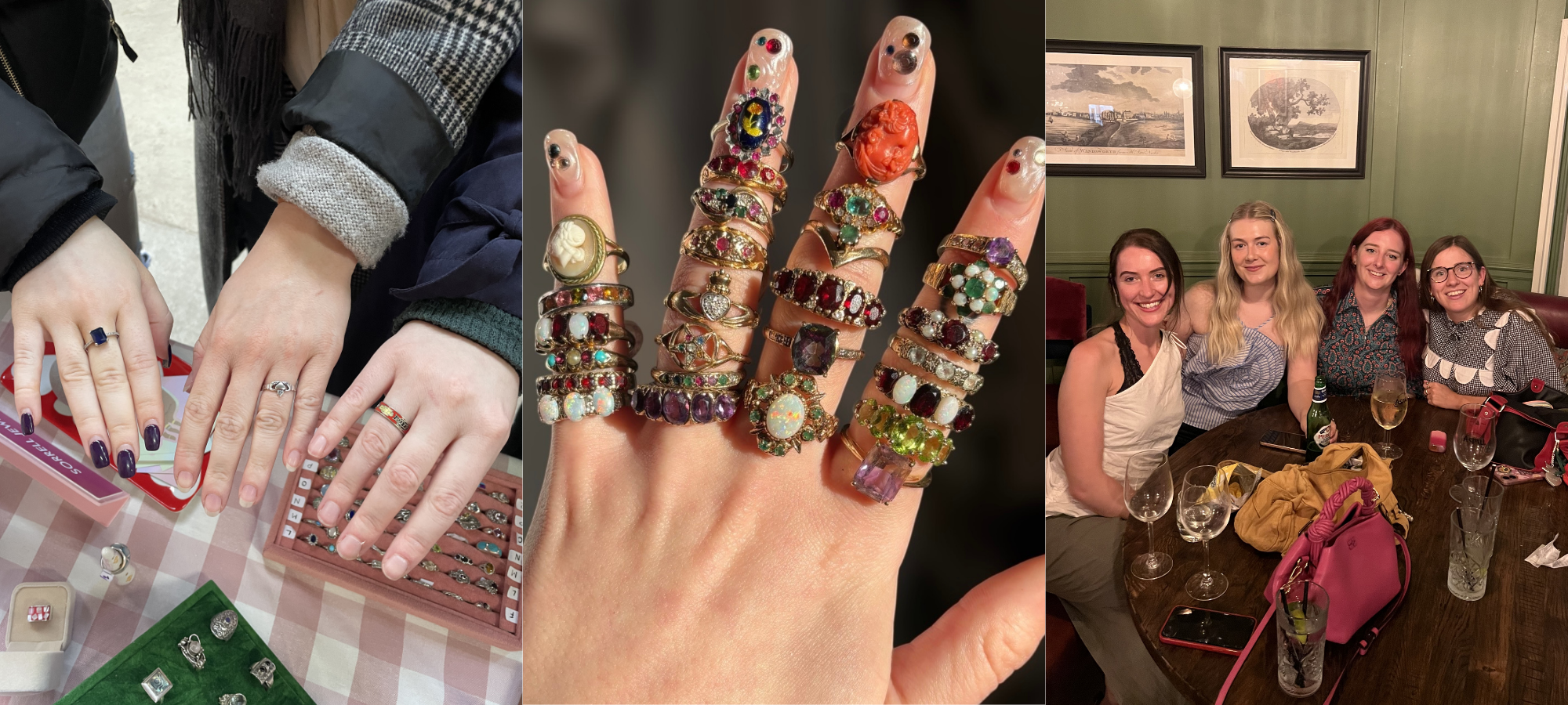 A collage showing three moments from five years of Sorrell Jewels: two customers trying on vintage rings at a market stall, a close-up of a maximalist stack of colourful vintage gemstone rings, and a photo of me having dinner with three friends