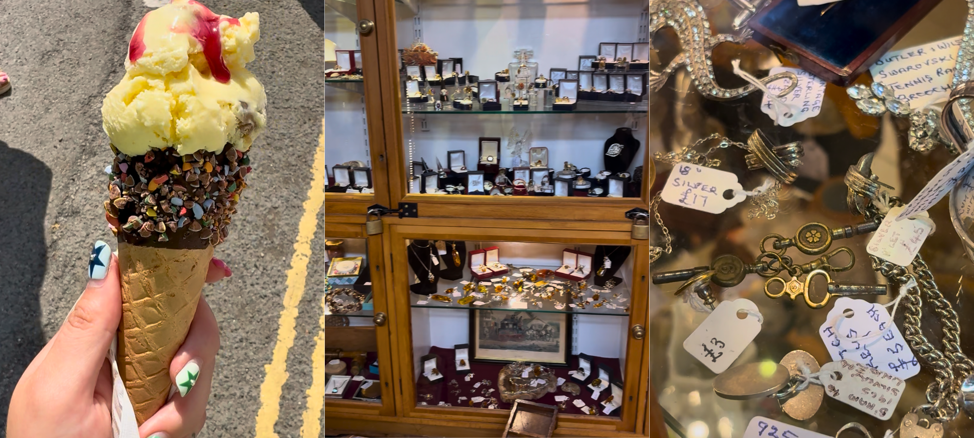 An ice cream from a local Lostwithiel ice cream shop alongside cabinets of vintage and antique jewellery inside Uzella Court Antiques.