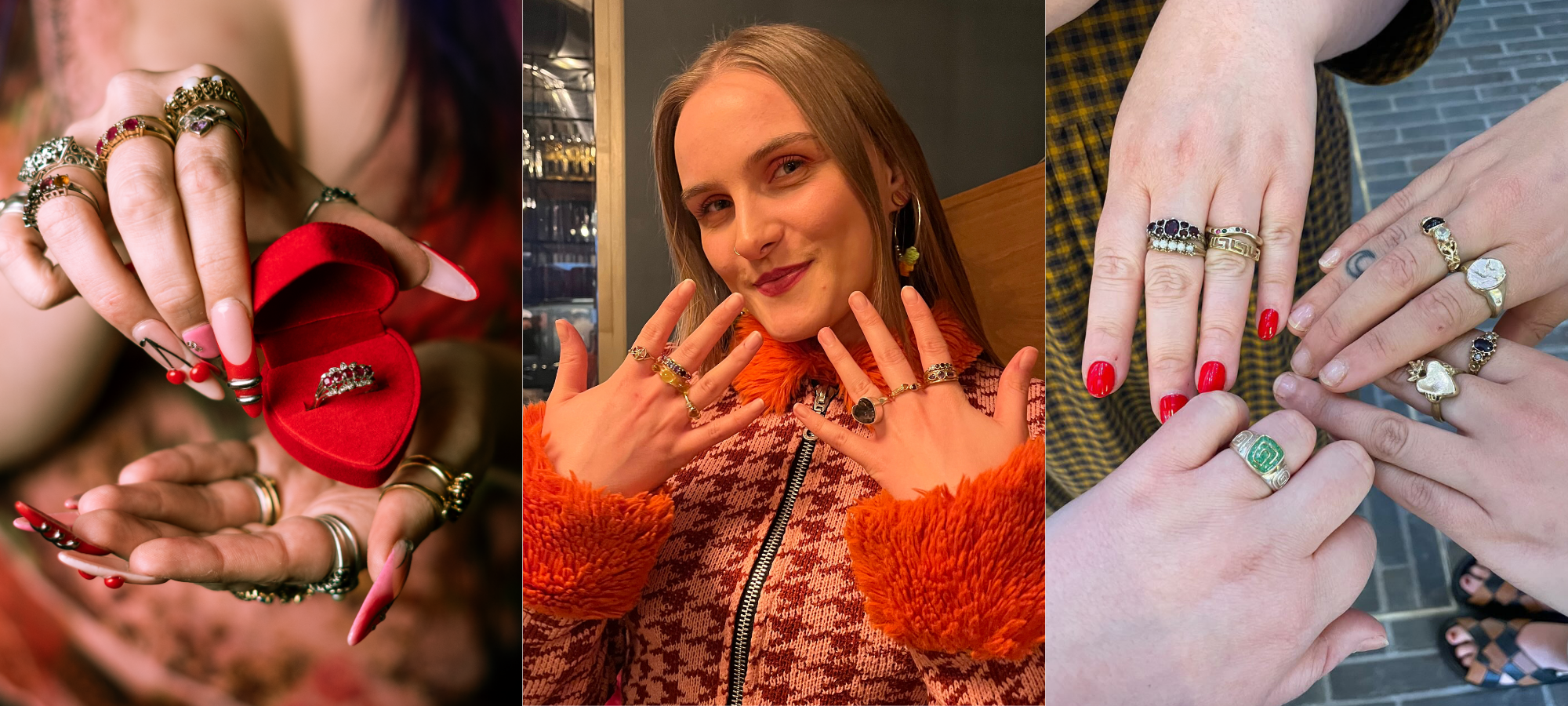 Three images showing a red heart-shaped ring box with a vintage ring, a smiling customer posing with stacked rings, and friends holding hands together to display their rings.