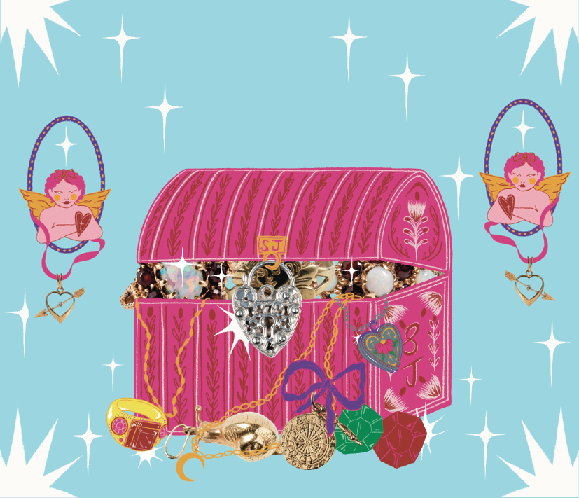 Pink jewelry box filled with various jewelry pieces, with angel and heart decorations on a light blue background with sparkles.