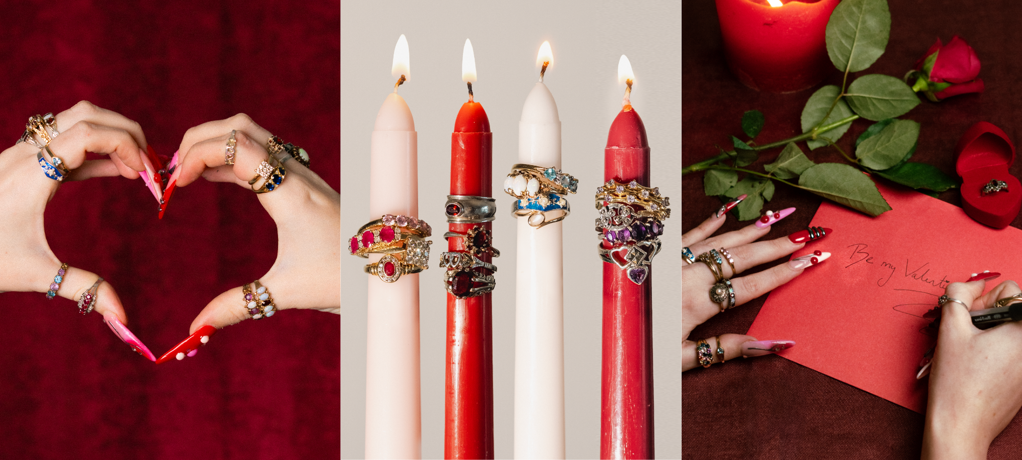 Three romantic jewellery images showing hands forming a heart with stacked rings, vintage rings displayed on red and white candles, and hands writing “Be my Valentine” on a card surrounded by roses and jewellery.