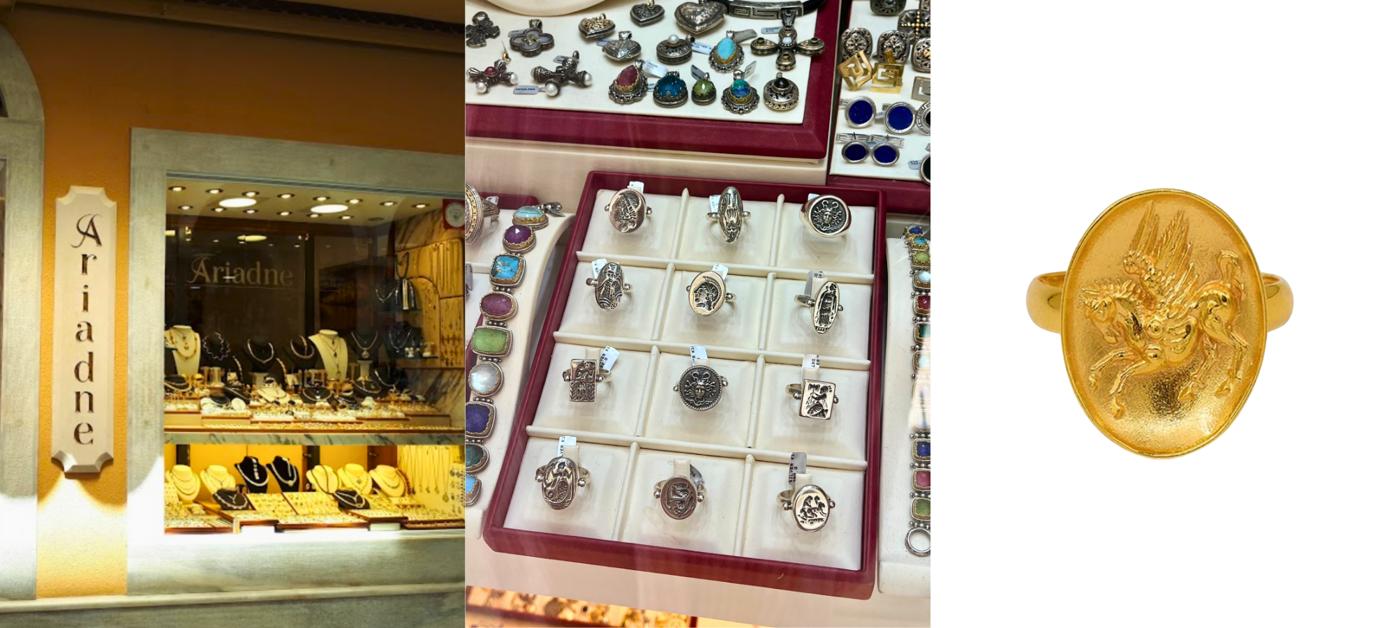 Ariadne Jewellery in Corfu, with displays of silver rings and a gold ring inspired by traditional Greek design.