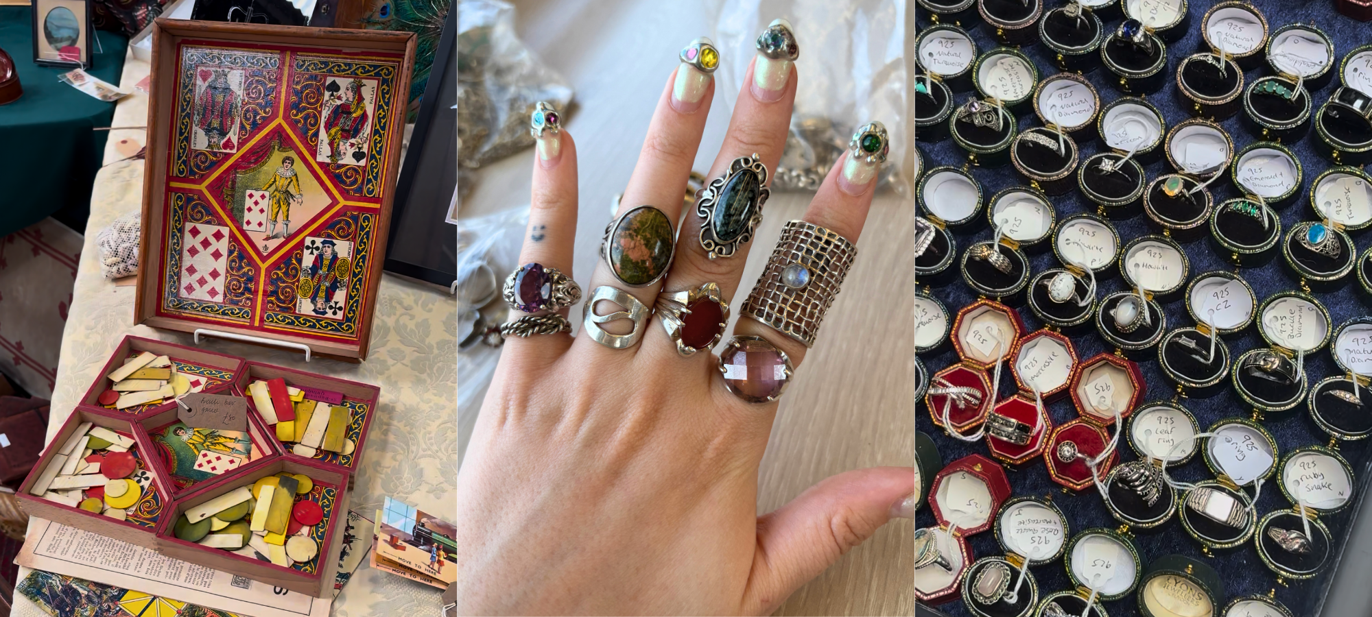 Vintage finds and trays of silver rings at Malvern Flea & Collectors Fair, alongside some of the many rings I bought that day.