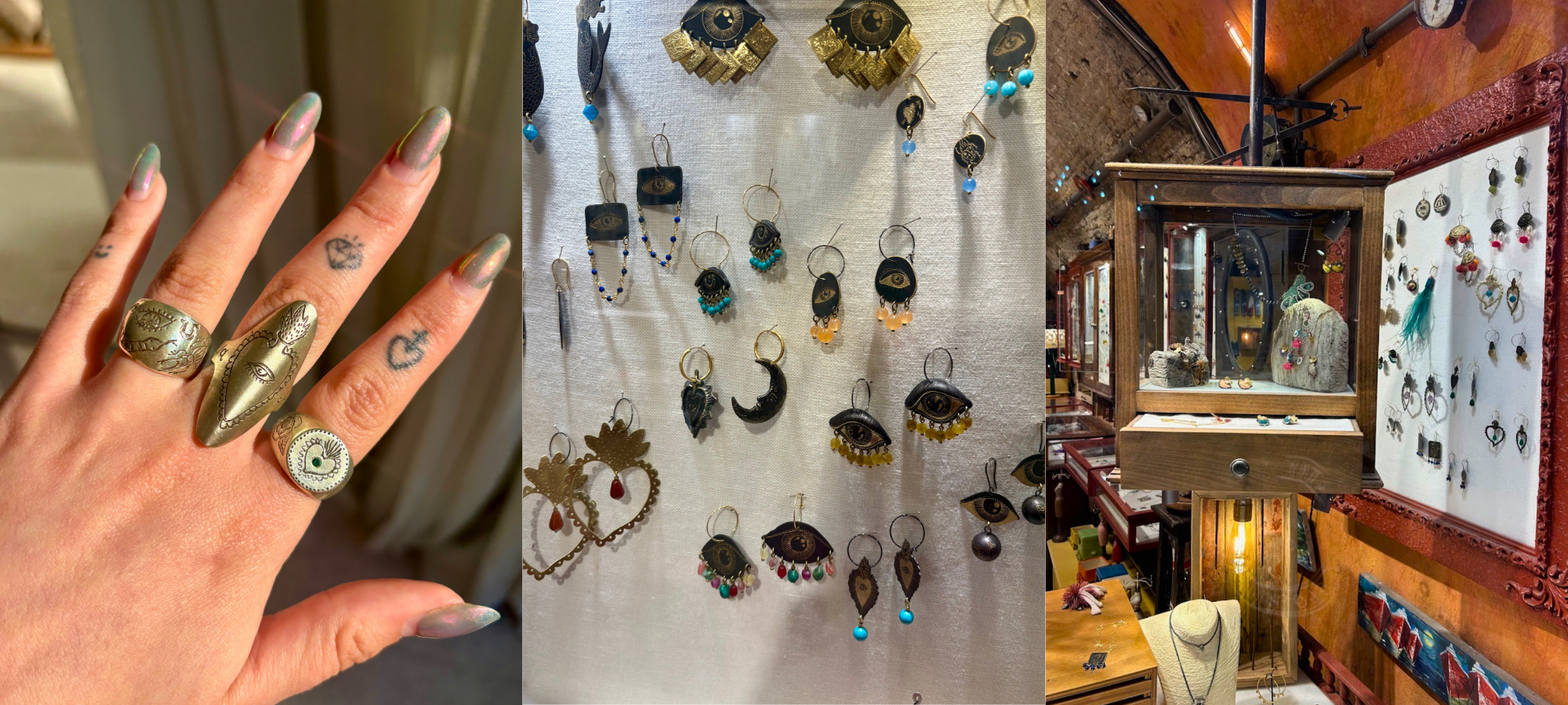 Three photos of Rolandos in Corfu, including my silver rings, eye motif jewellery and the shop’s handmade displays.