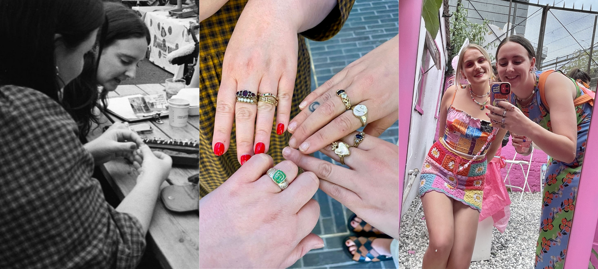 A collage showing the early years of Sorrell Jewels. The first photo shows me helping a customer try on rings at a market stall. The second shows four hands wearing vintage rings gathered together. The third is a mirror selfie with a customer.