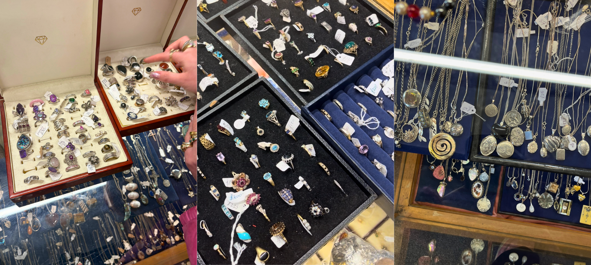 Vintage and antique rings, necklaces and pendants displayed across jewellery cabinets at Battlesbridge Antiques Centre in Essex.