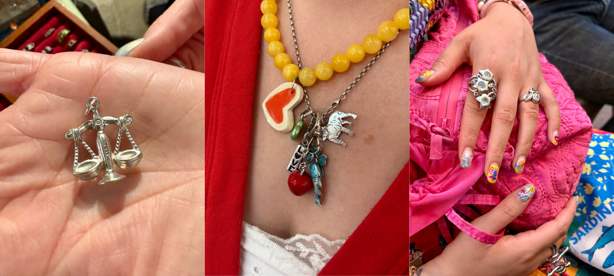 Three images showing a silver scales charm in hand, a colourful layered charm necklace, and hands wearing bold silver statement rings resting on pink fabric.