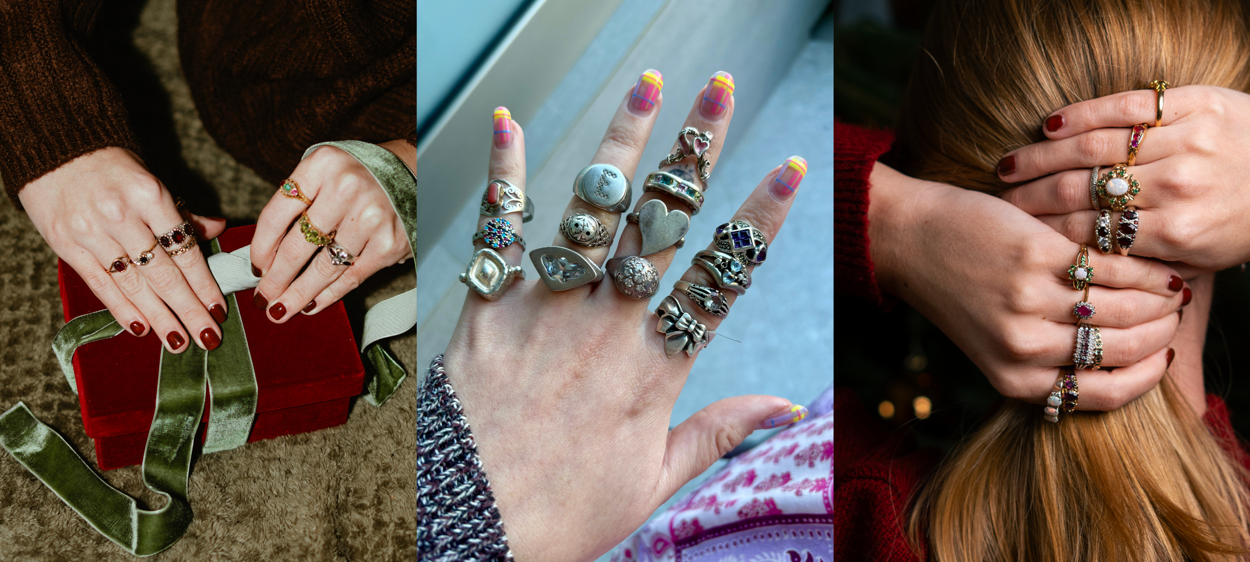 Hands styled in festive gemstone rings on a red velvet box, a close up of chunky silver rings stacked on every finger, and hands holding a ponytail adorned with colourful vintage rings.