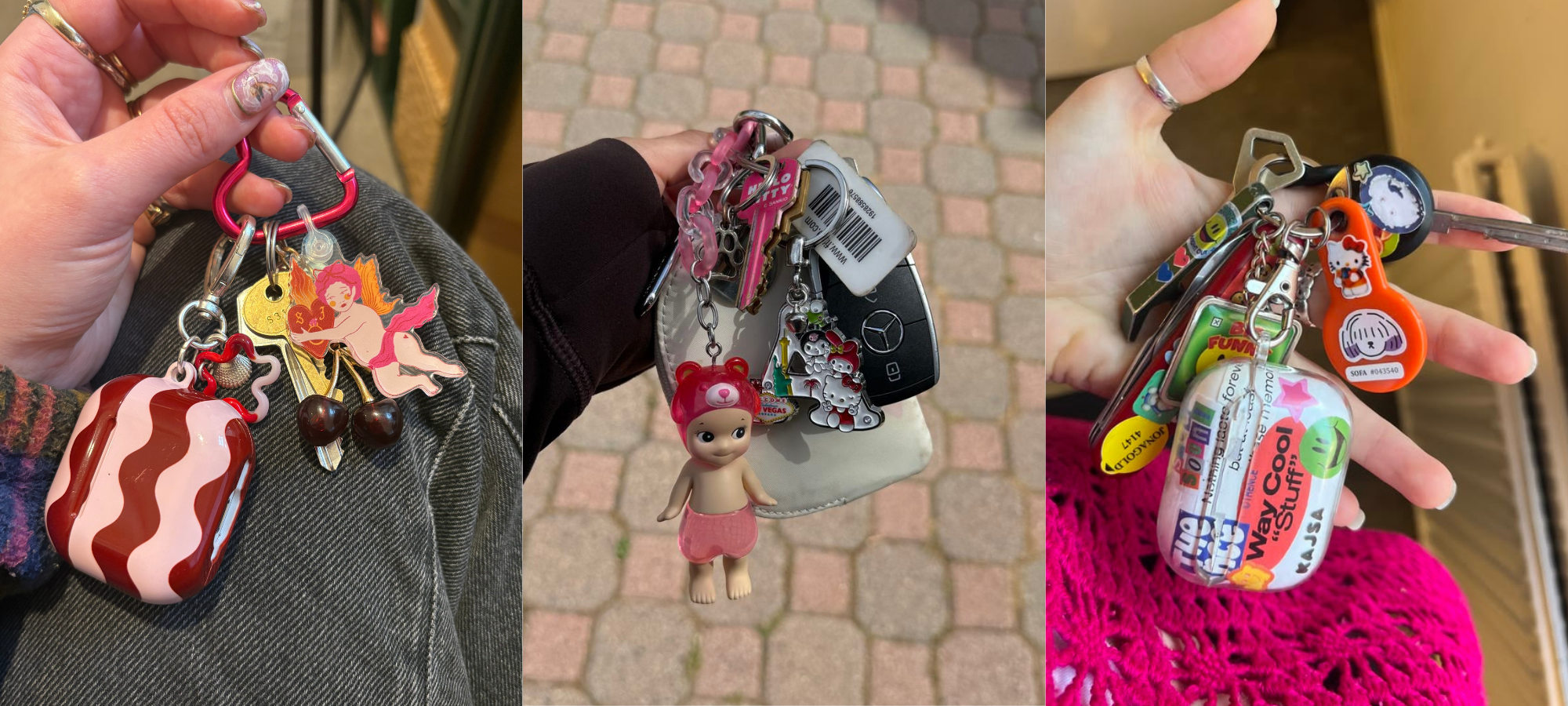 A collage of decorated keyrings featuring Sonny Angel charms, cherries, Hello Kitty accessories and playful colourful trinkets