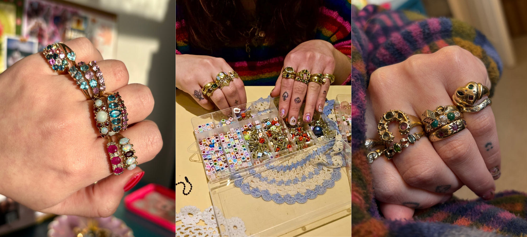 Three images showing hands wearing multiple vintage rings: a close-up of colourful gemstone rings on one hand in bright light, a person wearing mixed gold rings while sorting through small jewellery trays.