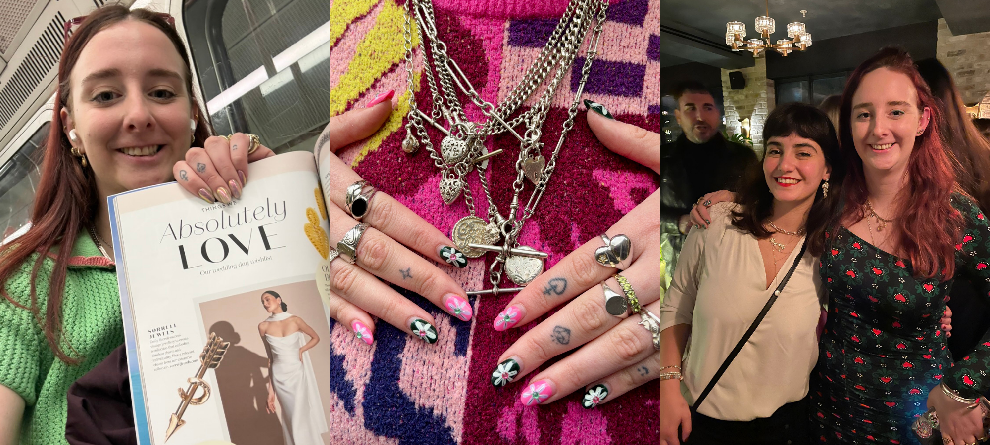 A collage showing milestones from growing Sorrell Jewels, including holding a magazine featuring the business, a close-up of layered vintage silver necklaces and charms, and a photo with the editor after the feature was published.