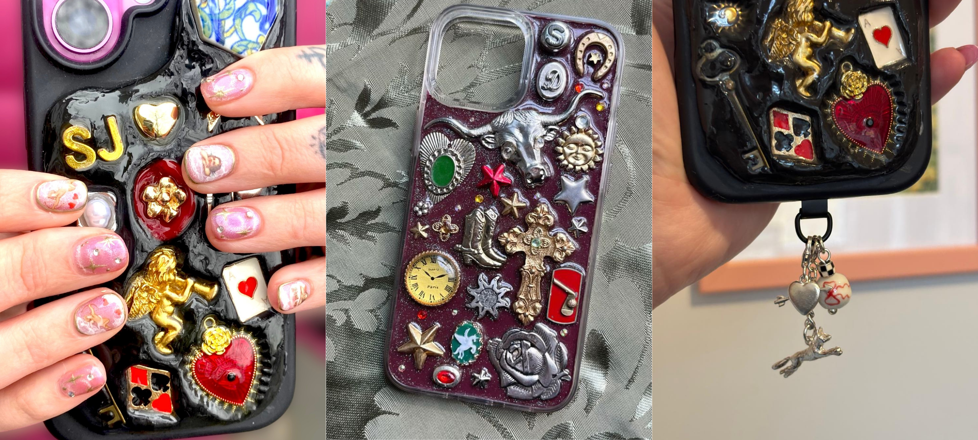 A collage of embellished phone cases decorated with vintage inspired charms, hearts, stars and dangling trinkets
