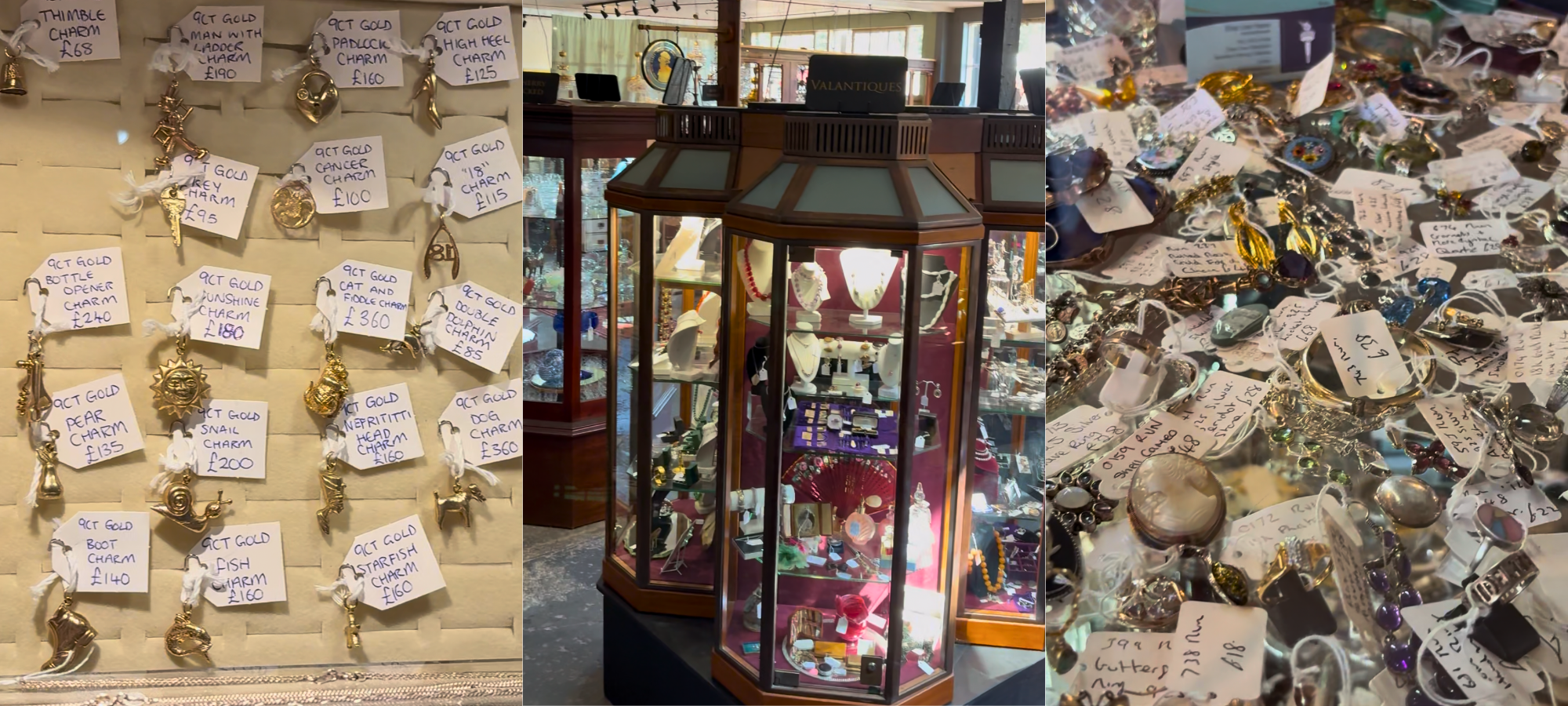 Cabinets filled with vintage and antique jewellery inside the dedicated jewellery room at The Antique Village in Exeter.