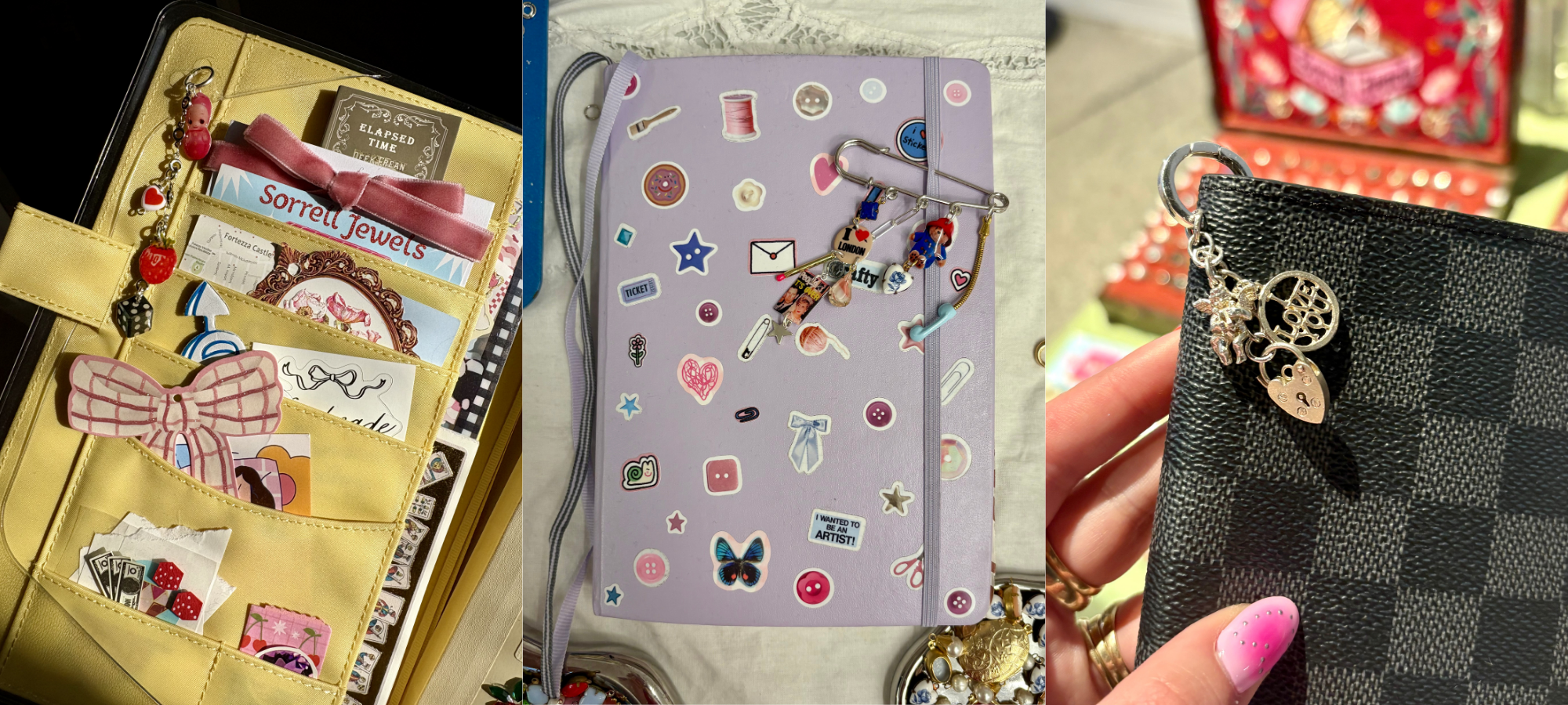 A collage of journals, planners and wallets decorated with stickers, safety pins, bows and charm clusters