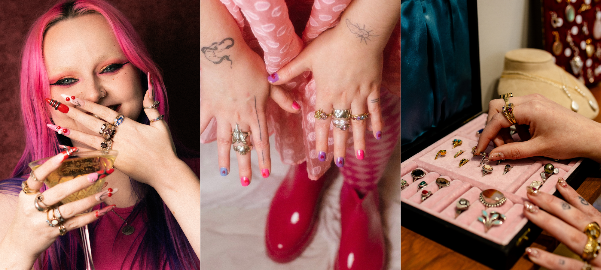 Three images featuring a person with pink hair wearing stacked rings, close-up shots of colourful nail art and rings, and hands selecting jewellery from a pink velvet tray.
