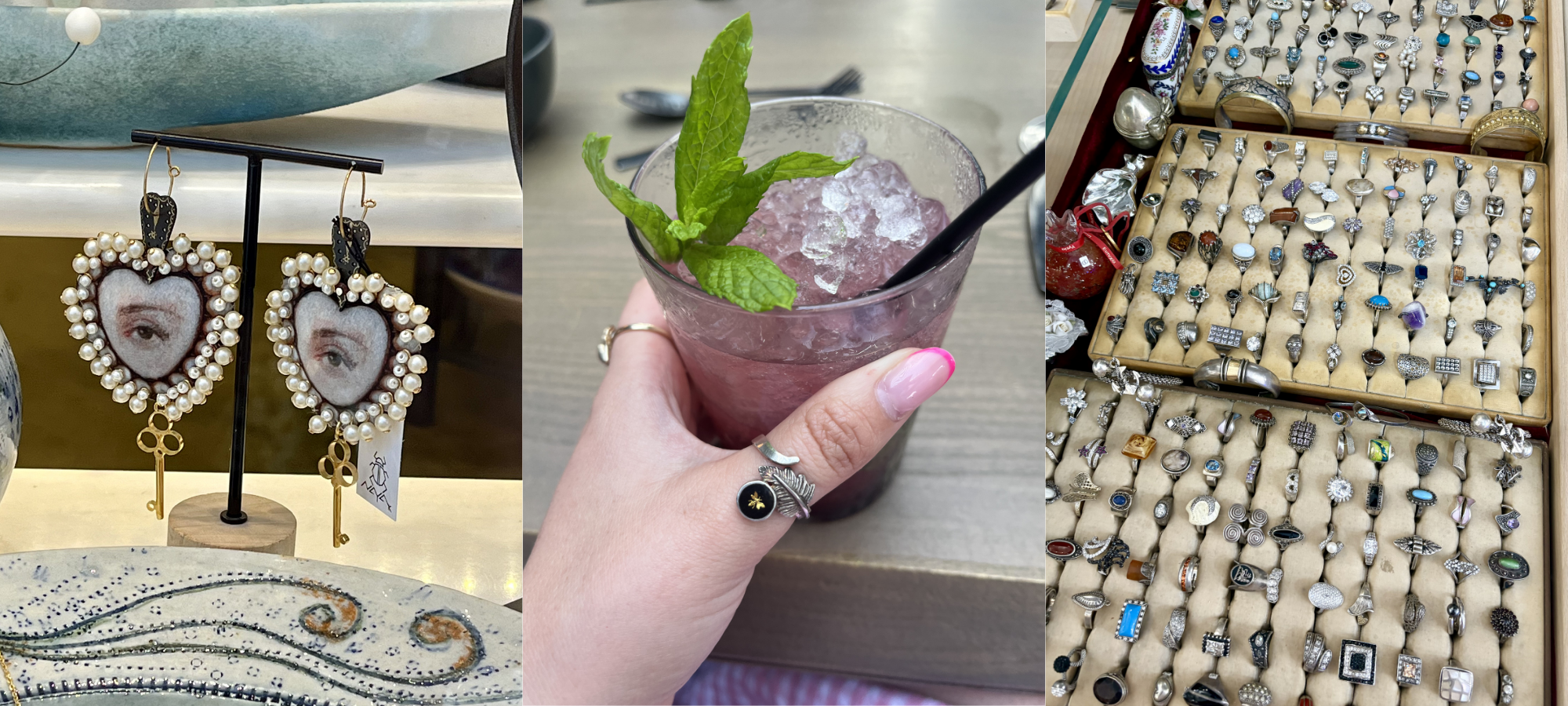 A collage capturing the joy of jewellery hunting on holiday.