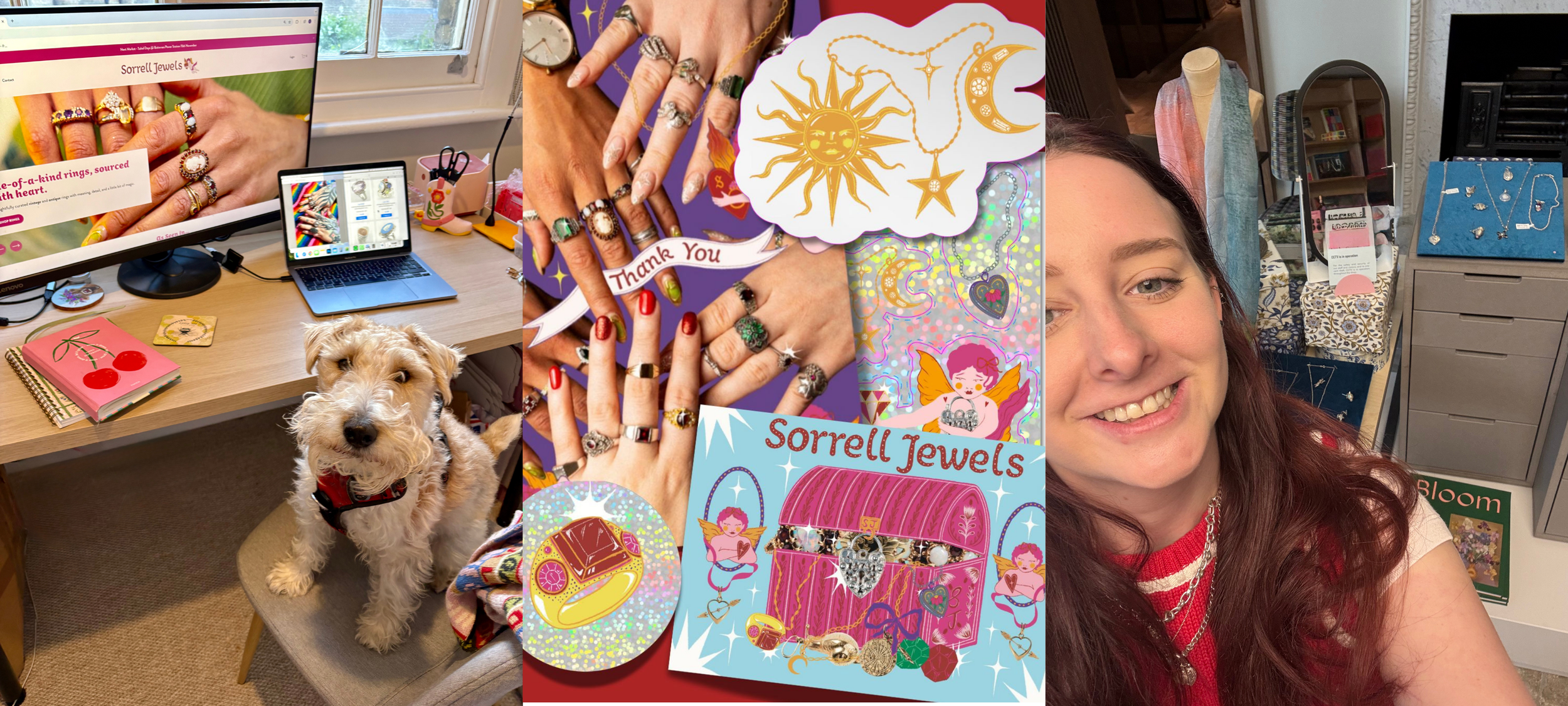 Elliot at a desk with the Sorrell website on screen, a collage of hands wearing vintage rings, and Emily smiling beside a display of charms and rings.