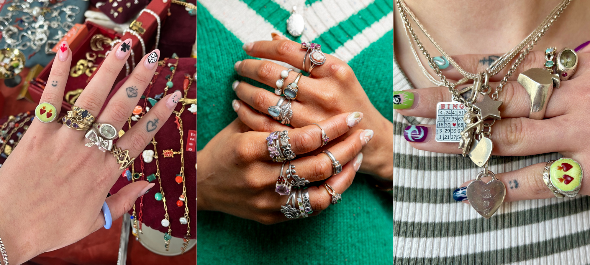 Three jewellery images showing hands covered in vintage rings over display trays, stacked gemstone rings against a green jumper, and layered charm necklaces with playful pendants.