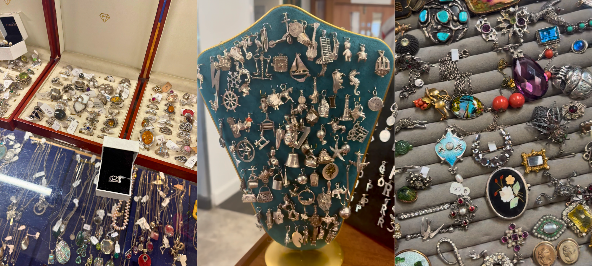 A mixture of vintage jewellery and treasure hunting finds photographed at different antique centres and markets around the UK.
