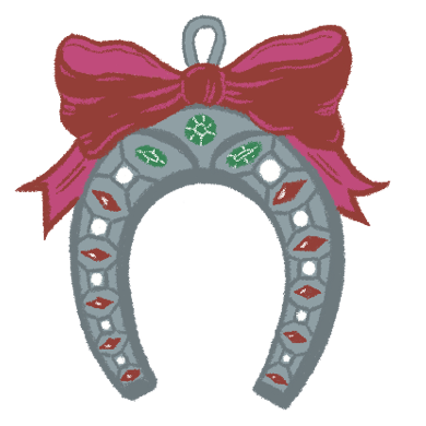 Decorative horseshoe with a large pink bow and various charms, including a shamrock, horseshoe, and hearts.