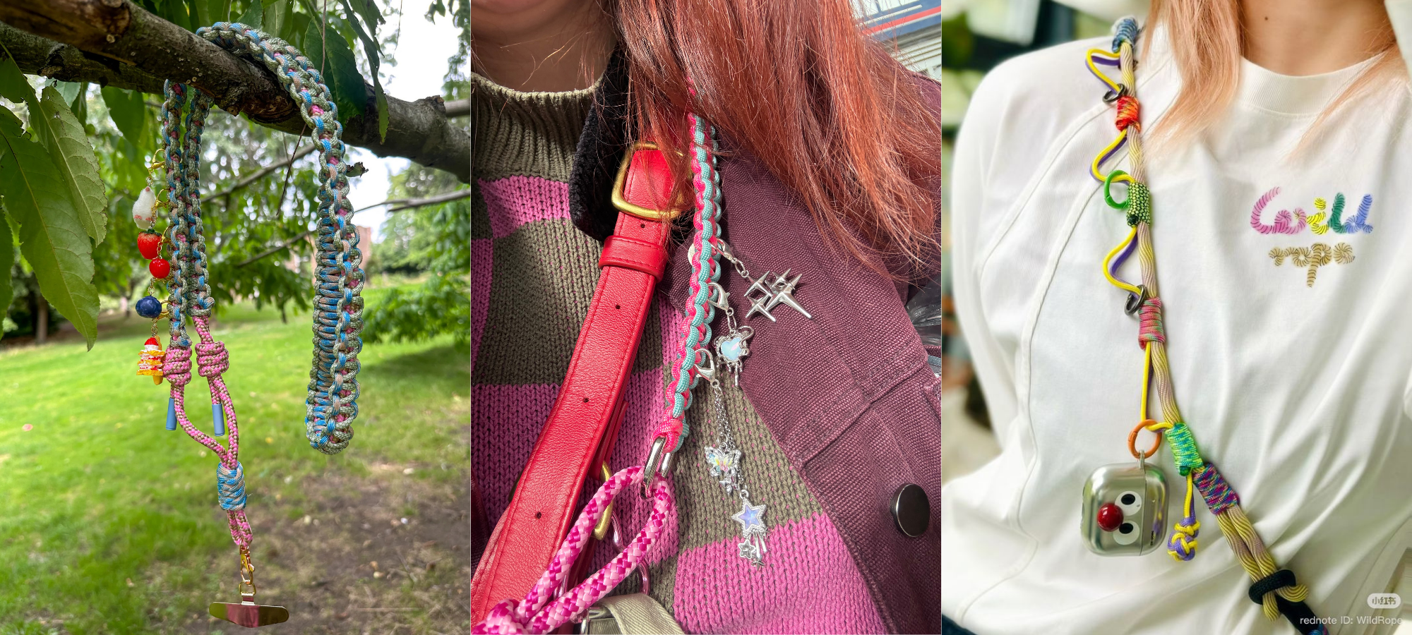 A collage of colourful rope phone straps and lanyards decorated with beads, knots and dangling charms
