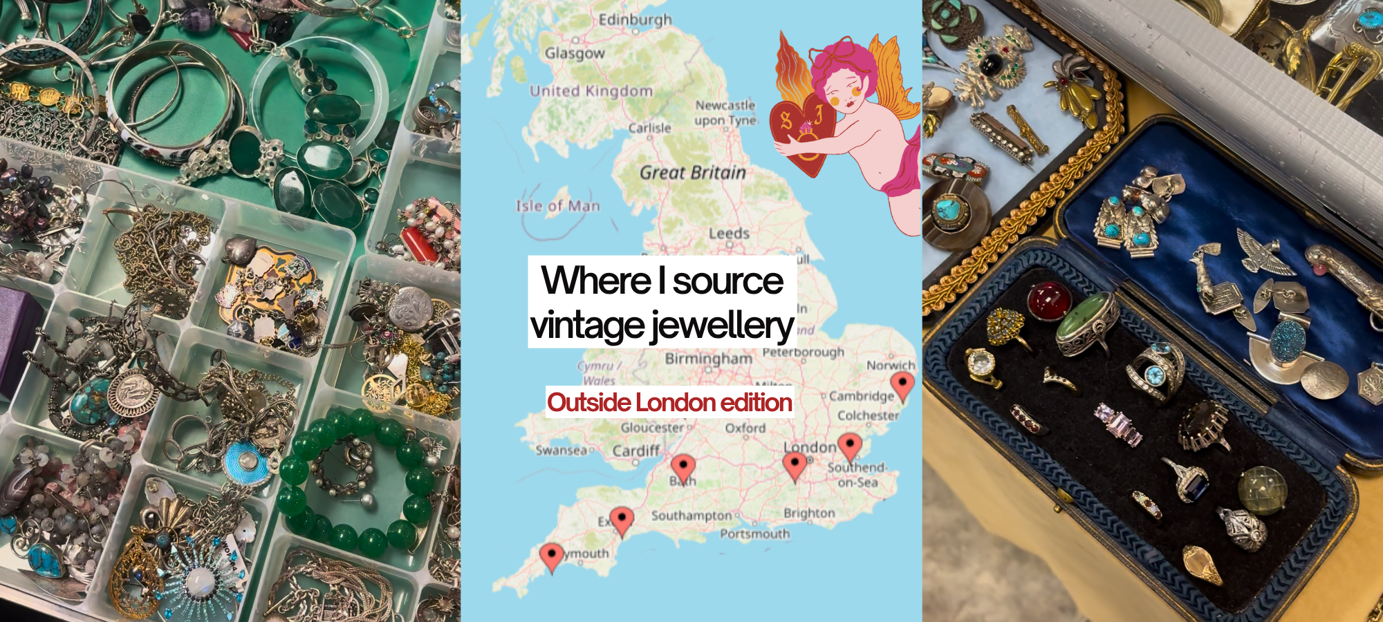 Collage of vintage jewellery at Sunbury Antiques Market alongside a map showing some of my favourite treasure hunting spots outside London.