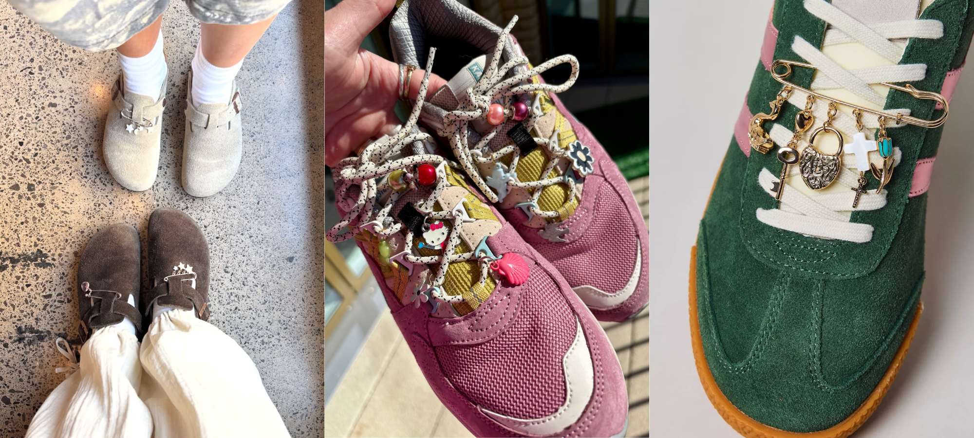 A collage of shoes customised with safety pins, charms and playful trinkets attached to clogs and trainers