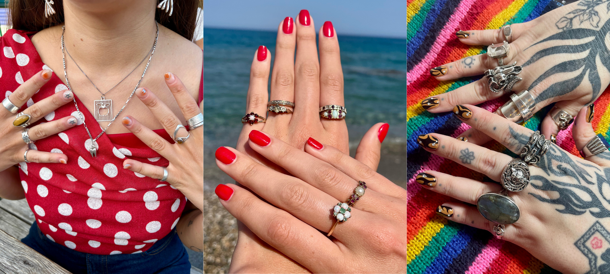 Three images showing different jewellery styles: layered silver necklaces worn with simple rings, hands with red nails wearing delicate gemstone rings outdoors by the sea.