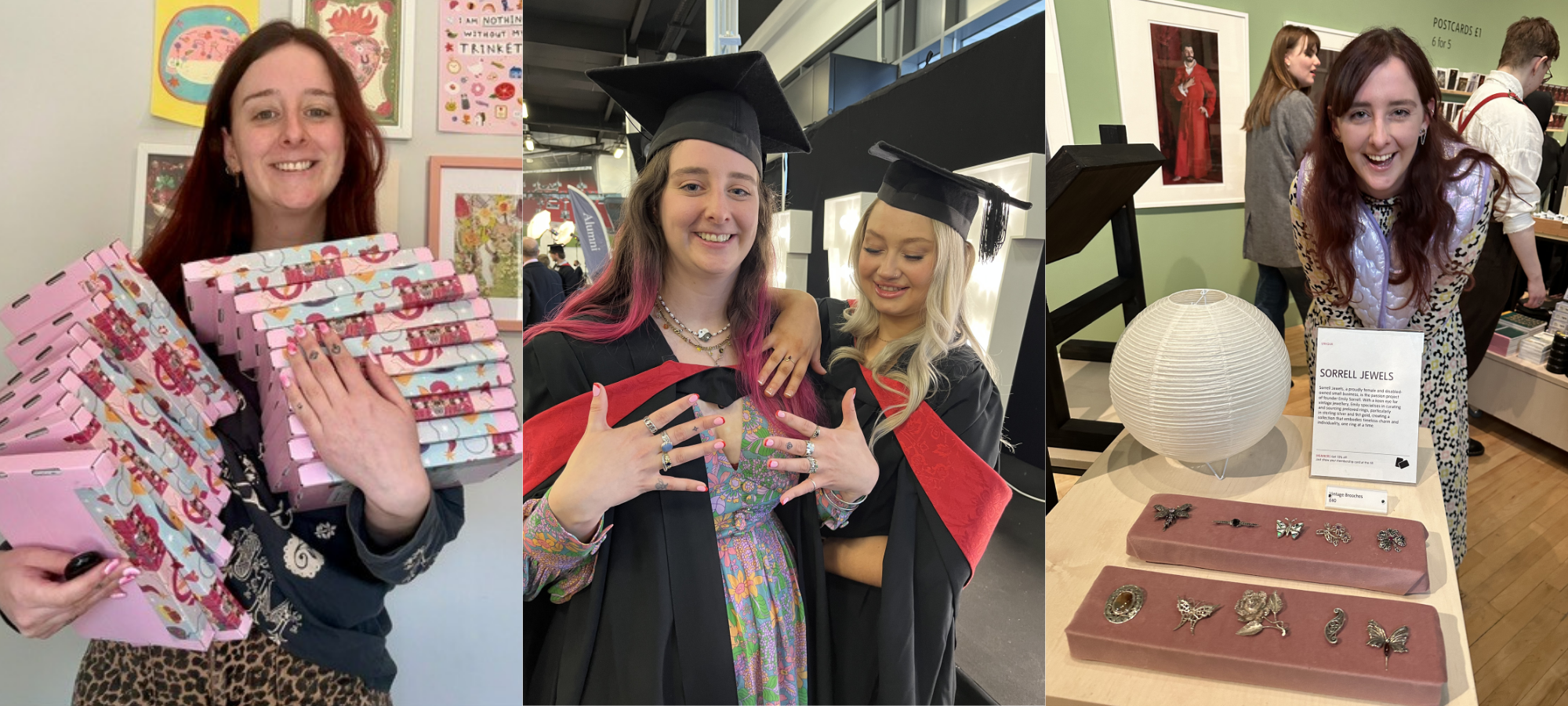A collage featuring me holding stacks of pink jewellery boxes ready to post, celebrating my university graduation while wearing vintage rings, and displaying Sorrell Jewels jewellery in a museum gift shop.