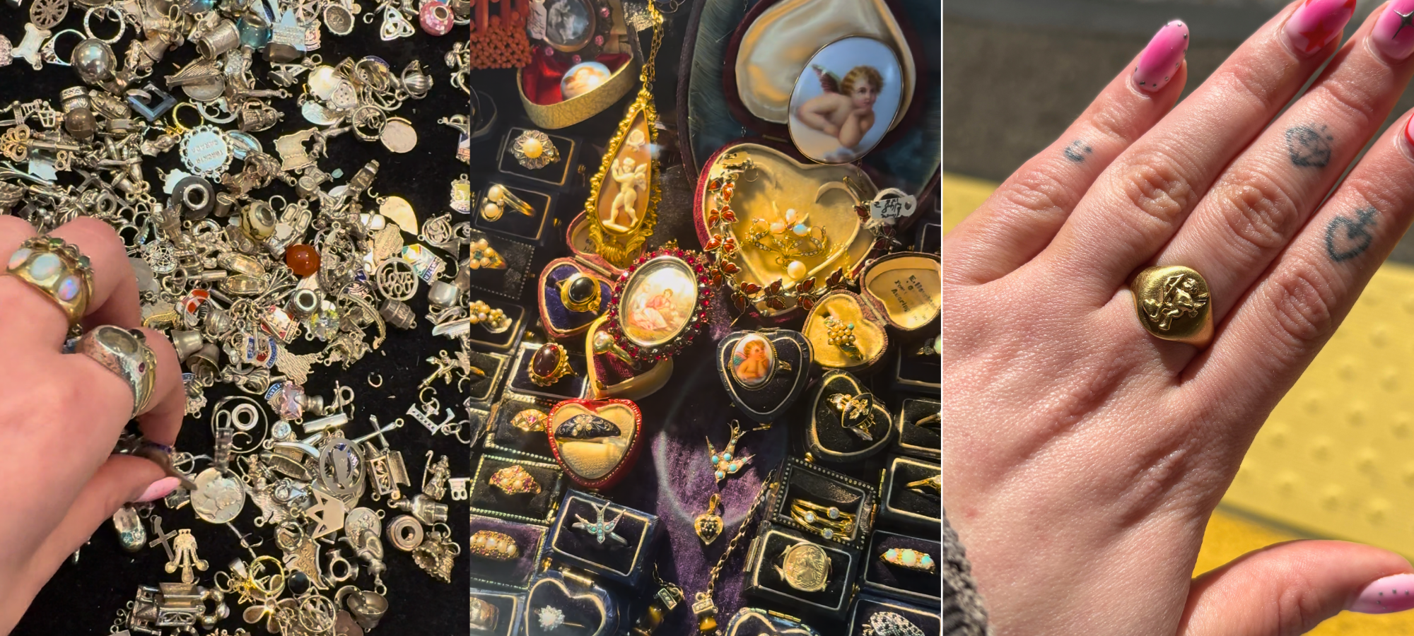 Vintage silver charms, cherub jewellery and an antique gold signet ring at Sunbury Antiques Market in Surrey.
