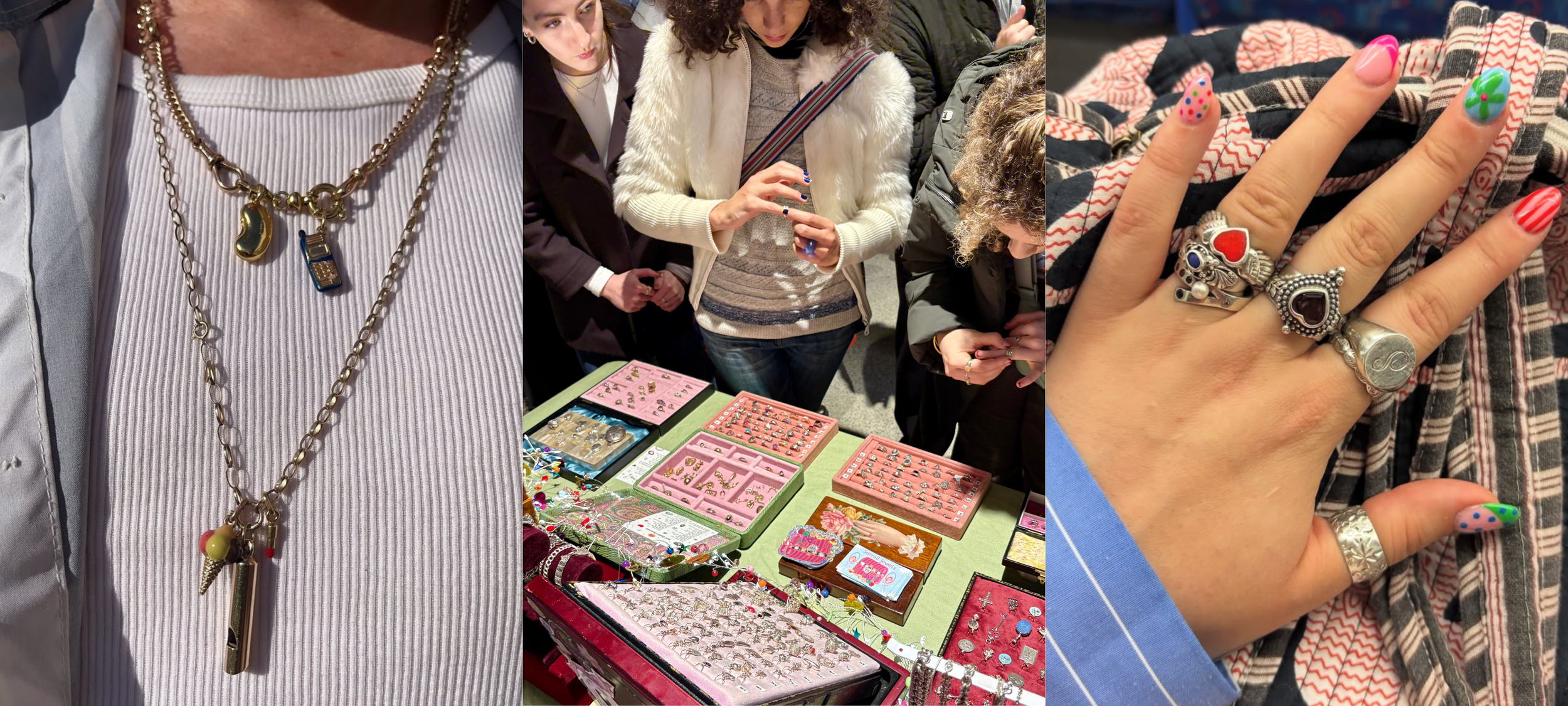 Layered necklaces with vintage charms including a bean, a tiny flip phone and an ice cream cone. Shoppers trying on rings at the Sorrell Jewels market table. A close up of a hand stacked with silver rings and bright patterned nails.