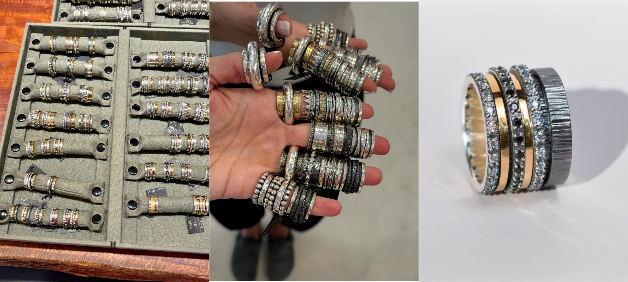 Chunky layered rings from K and Corfu, featuring mixed metals, gemstones and multiple stacked bands.