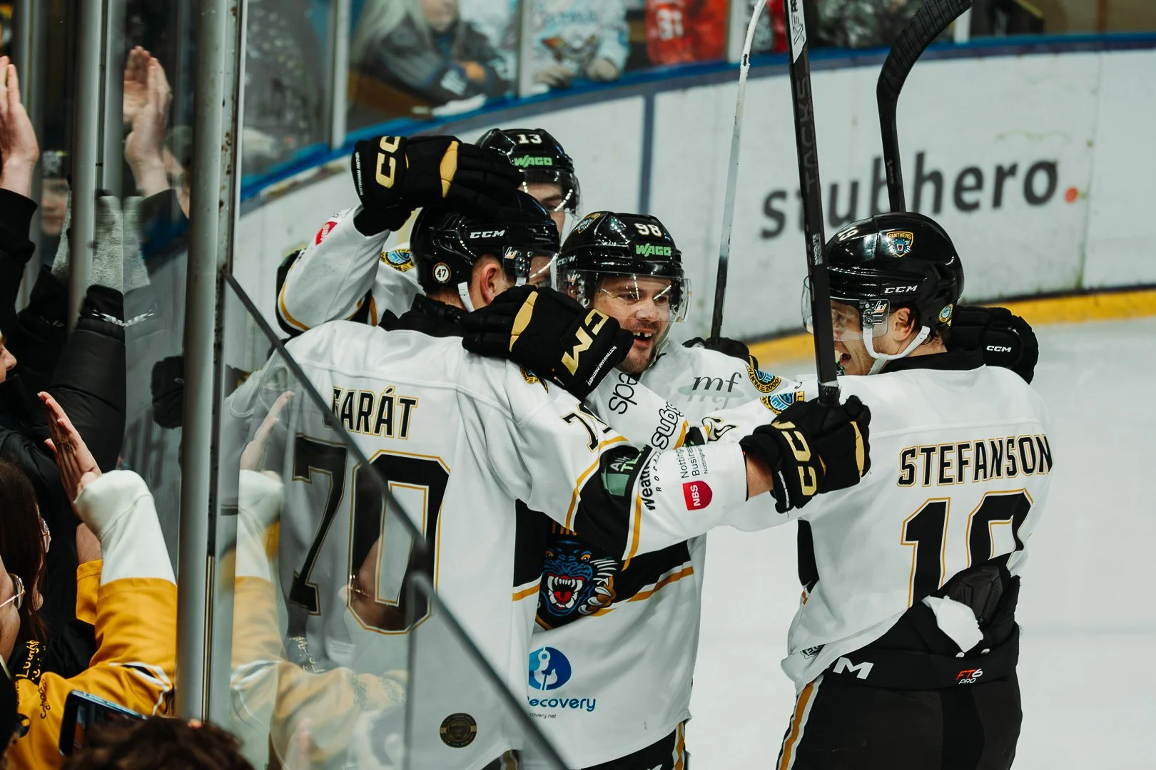 Hockey players celebrating a goal or victory on the ice, with teammates and fans in the background.