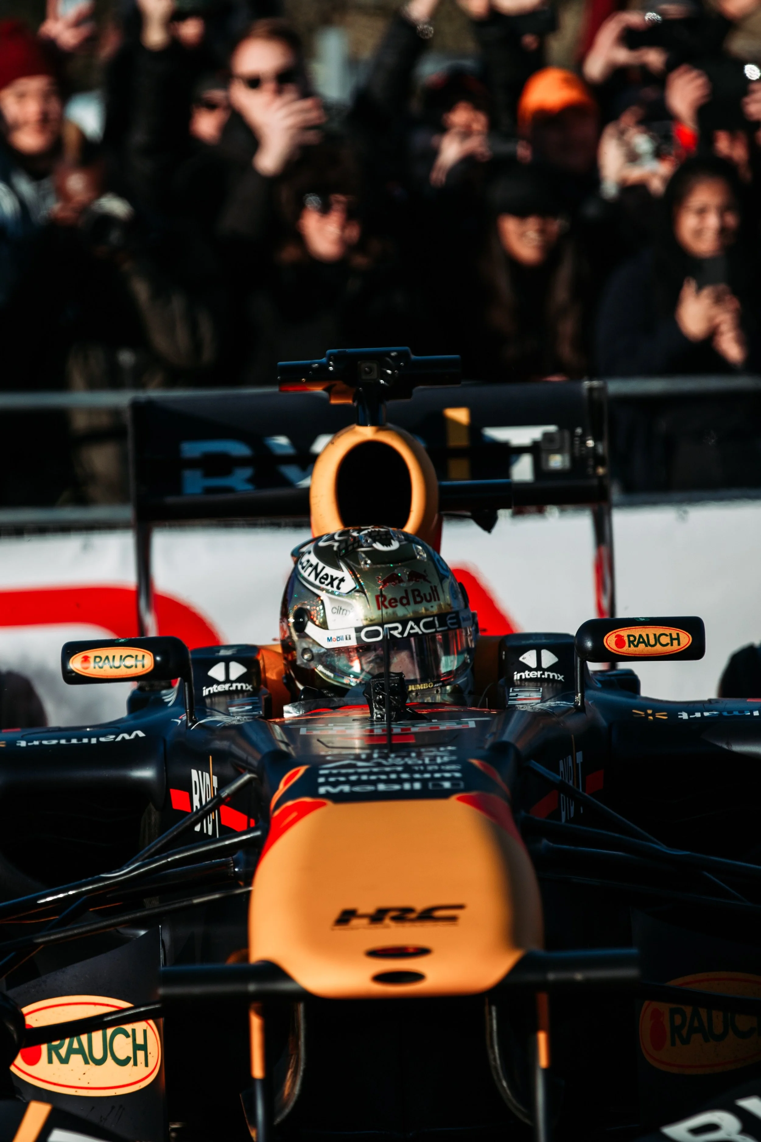 A race car driver in a Red Bull racing car, wearing a helmet, is on the track with a crowd of spectators in the background.