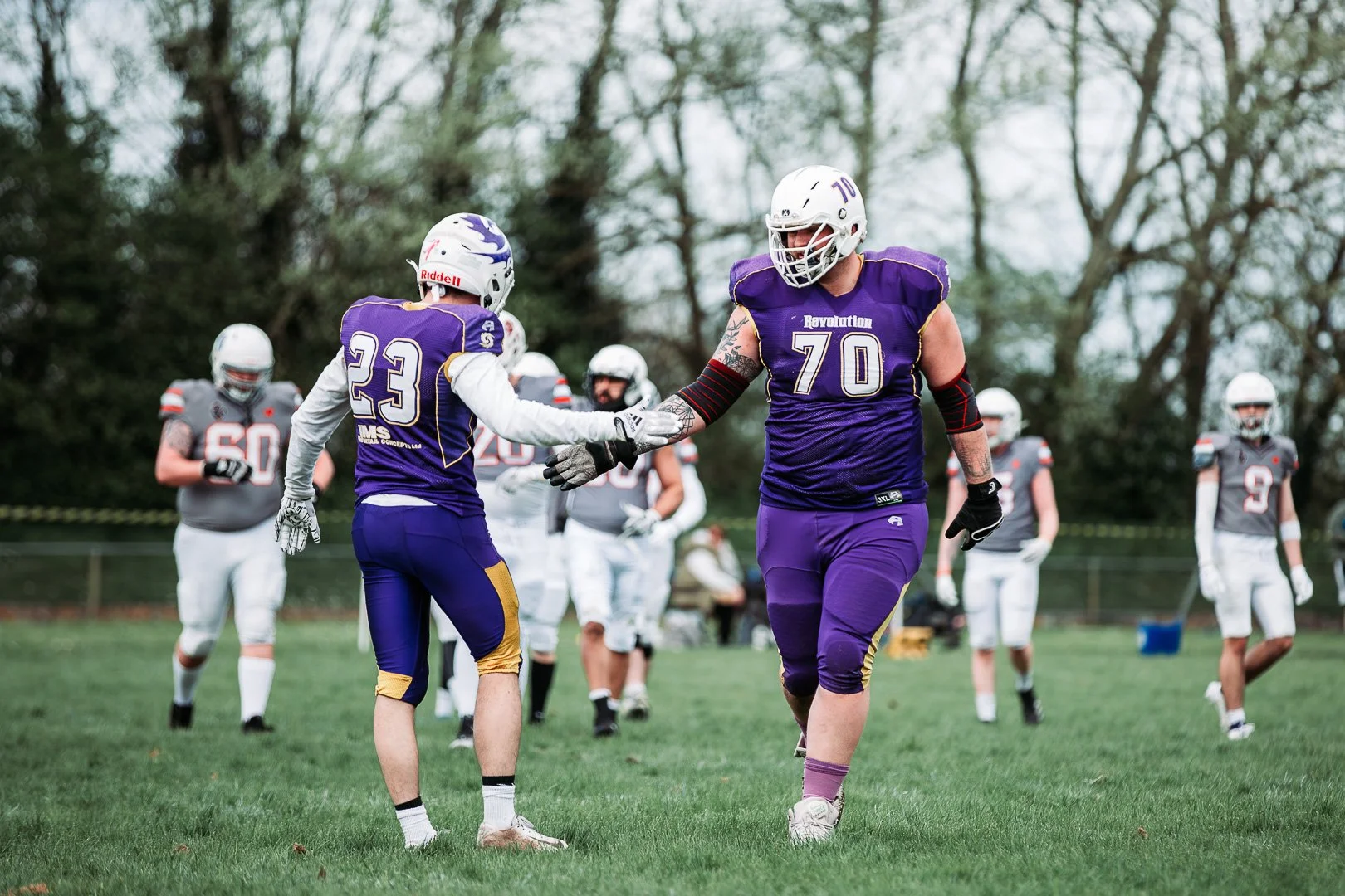 Two football players in purple uniforms shaking hands on the field during a game, with other players in gray uniforms visible in the background and trees beyond the field.
