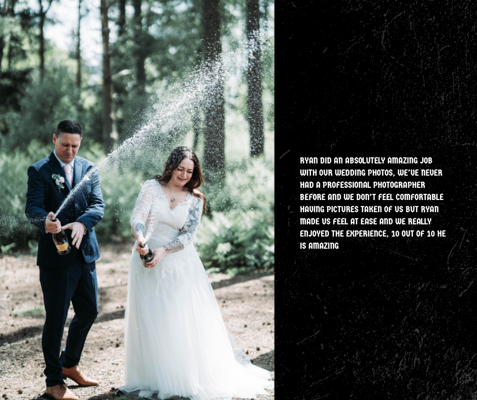 A bride and groom celebrating outdoors in a wooded area, spraying champagne from bottles.