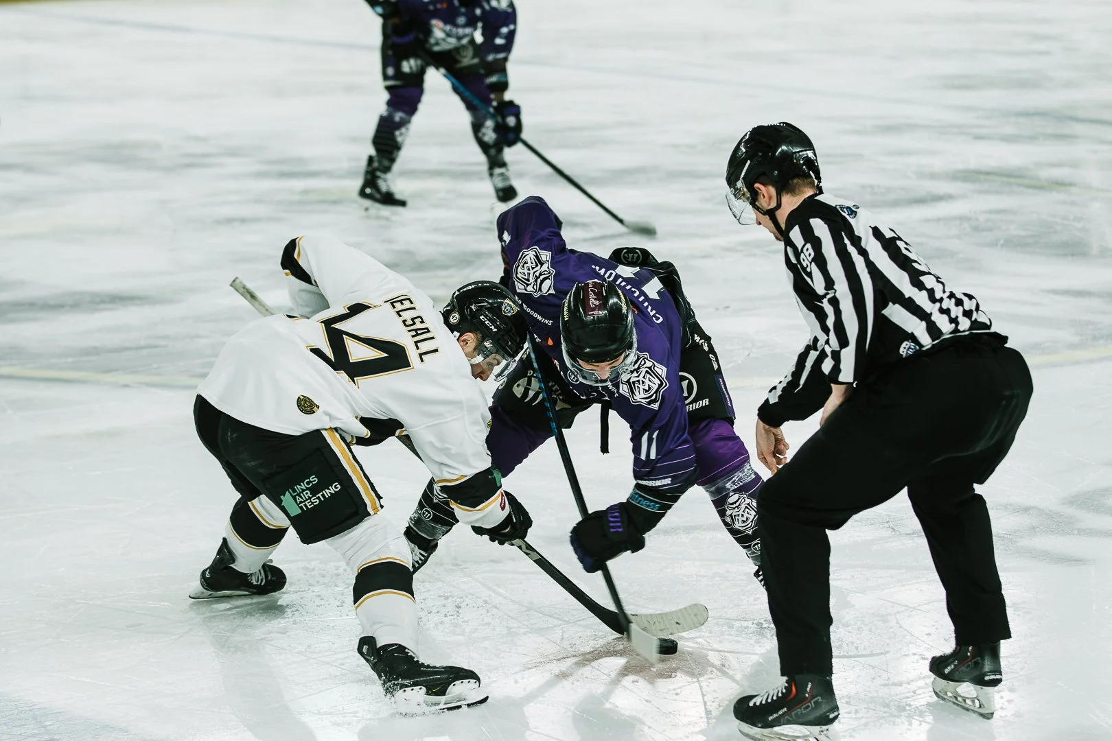 Hockey players in a face-off, with two players bent over and a referee overseeing the game on an ice rink.
