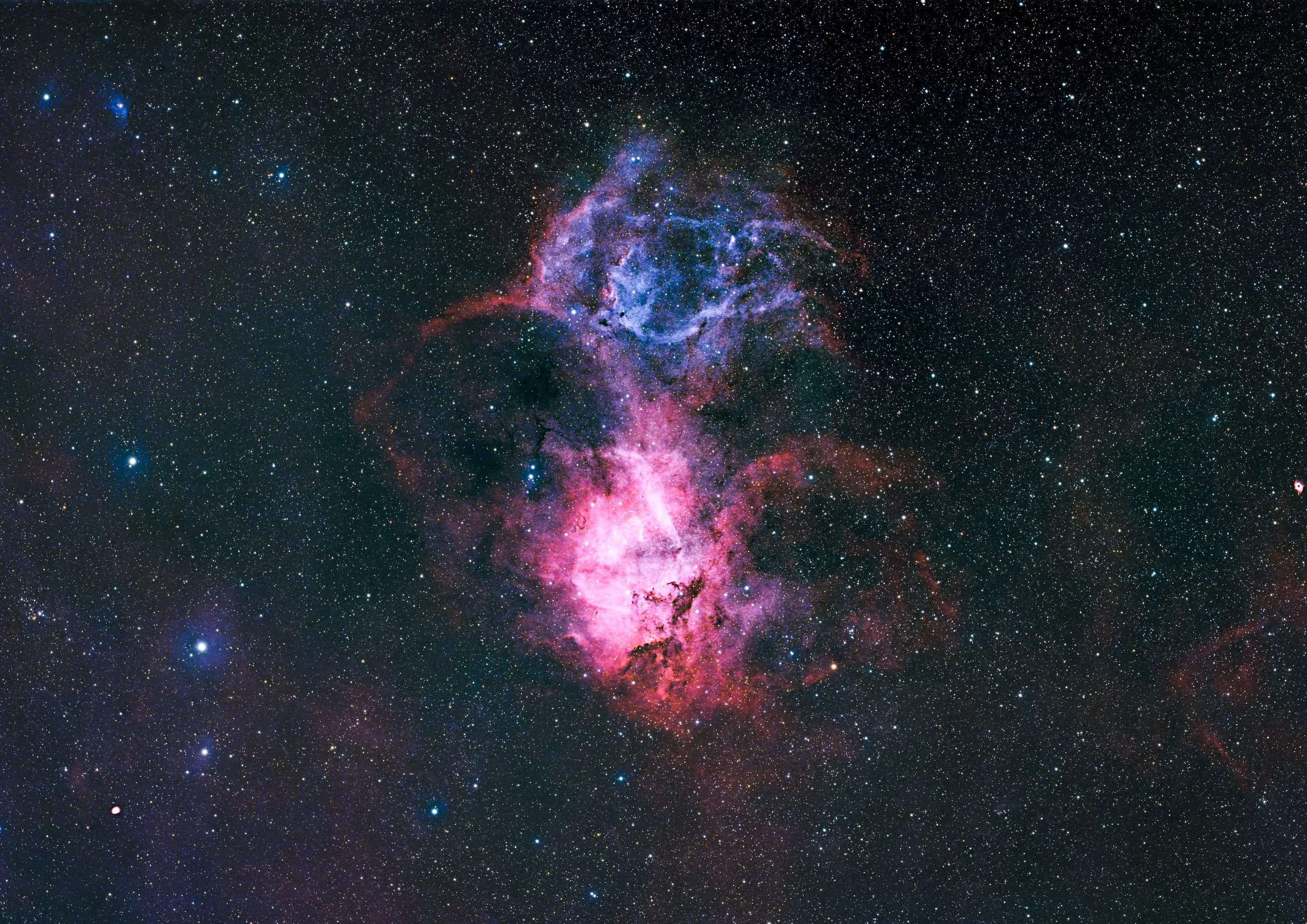 The Lion nebula, a diffuse nebula in the constellation Cepheus.  The gases within the nebula are being ionized by two Wolf-Rayet stars, evolved, massive stars that have completely lost their outer hydrogen and are fsuing helium or heavier elements in