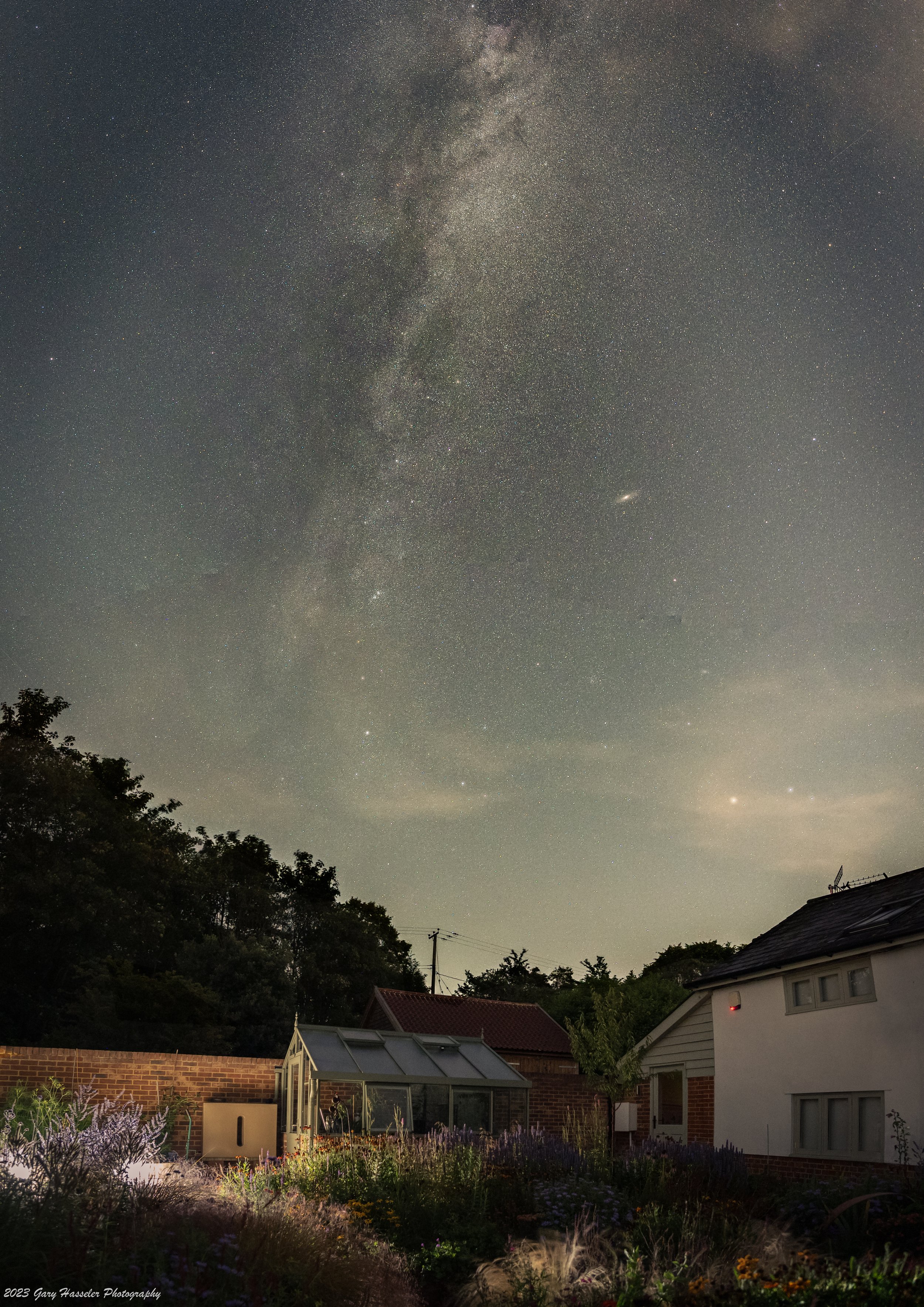 The Cassiopeia region of the Milky Way and the Andromeda Galaxy over my garden. August.