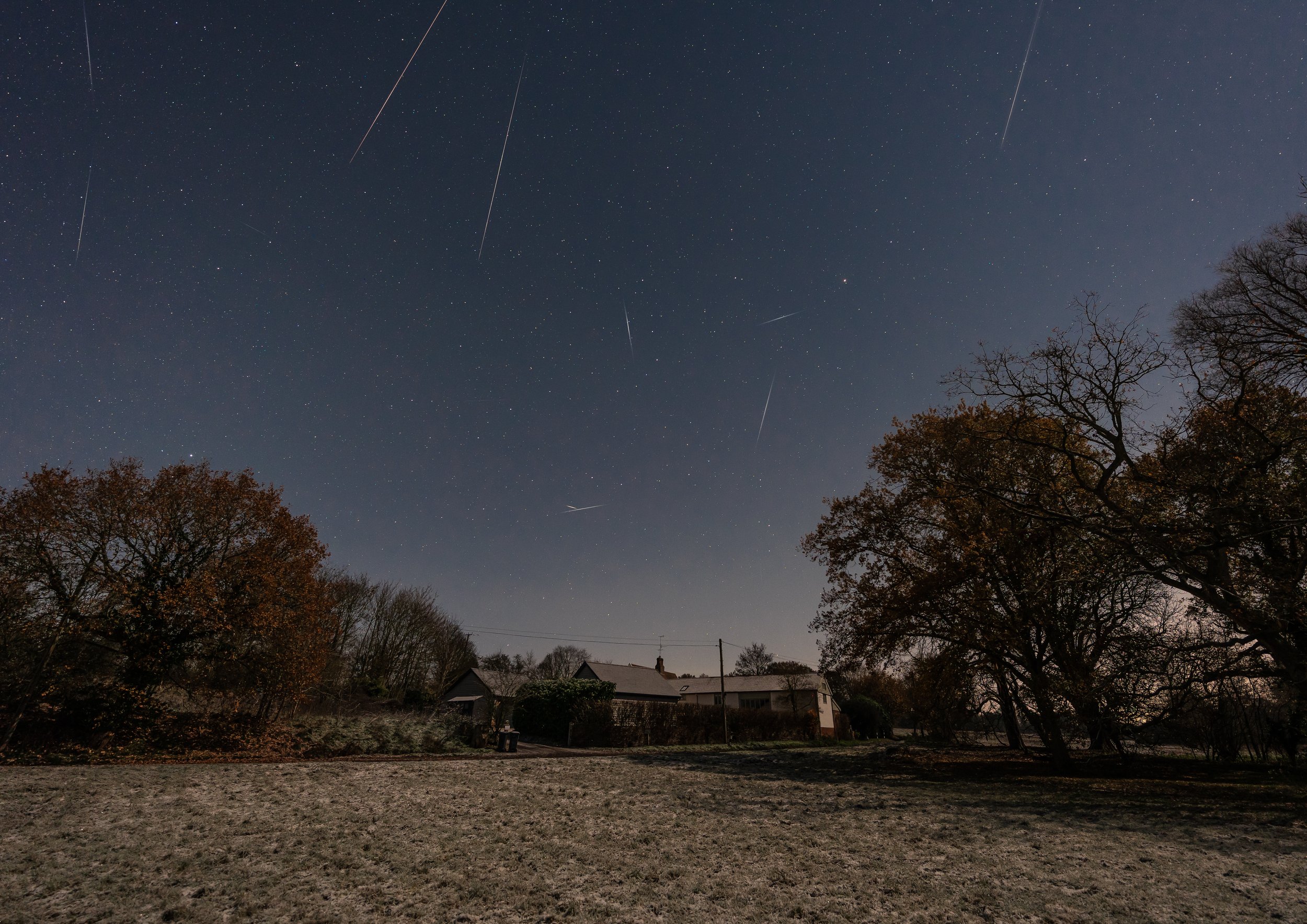 Geminid meteorites streak across the Suffolk countryside.  December.