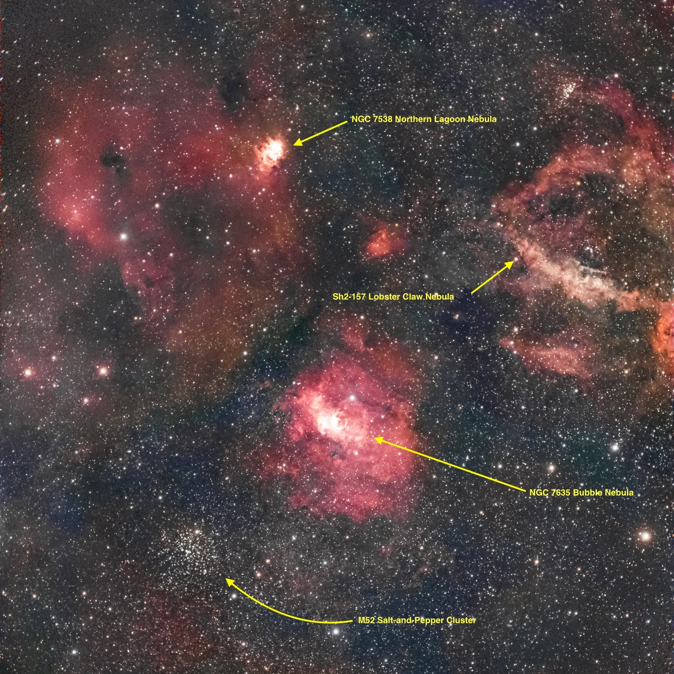 The Cassiopeia region of the Milky Way is rich in nebulae and other objects.  This wide field view shows just a few of them.