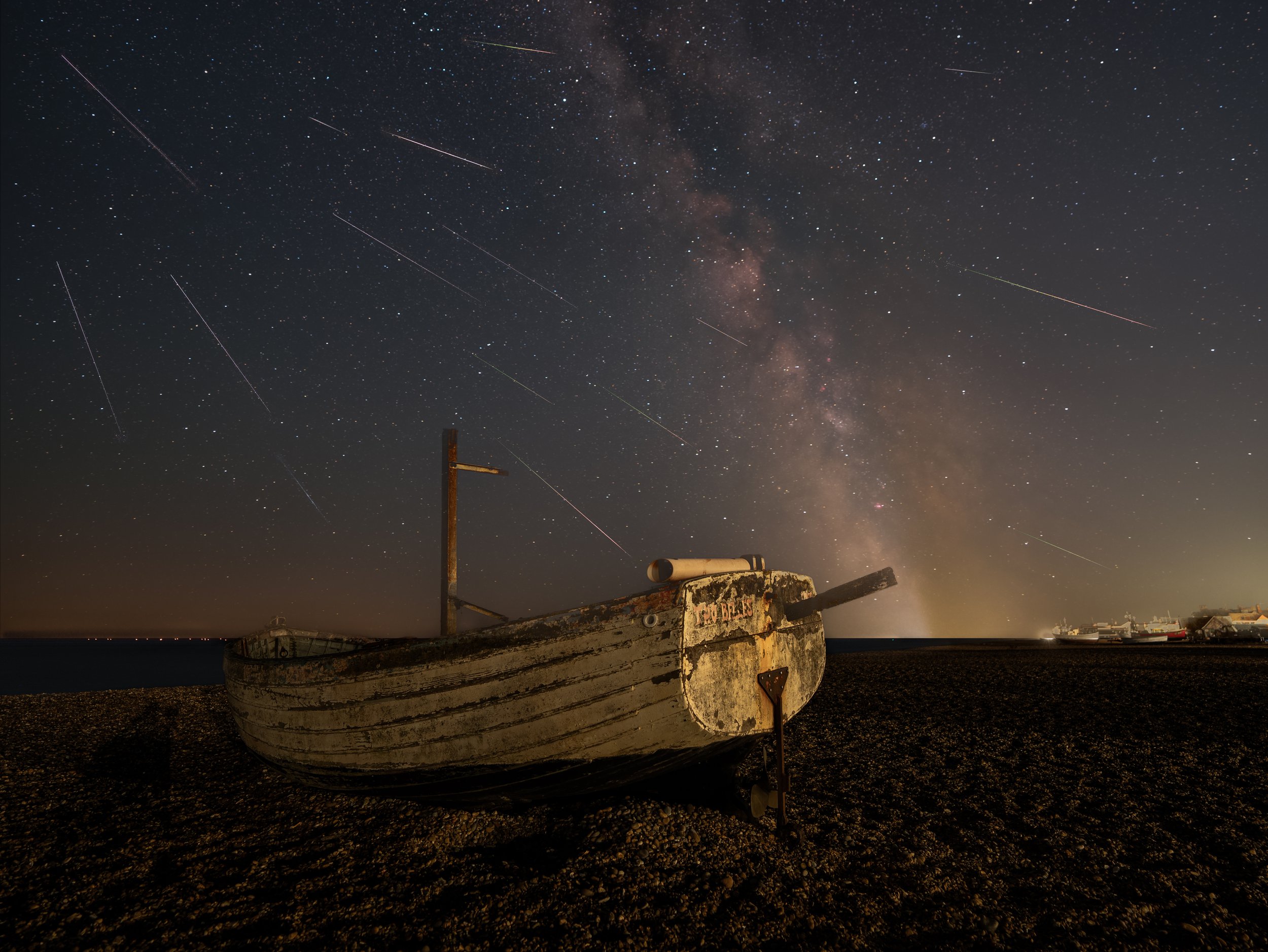 Perseid meteors streak across the sky over Aldeburgh beach and the Milky Way.  August, 2026