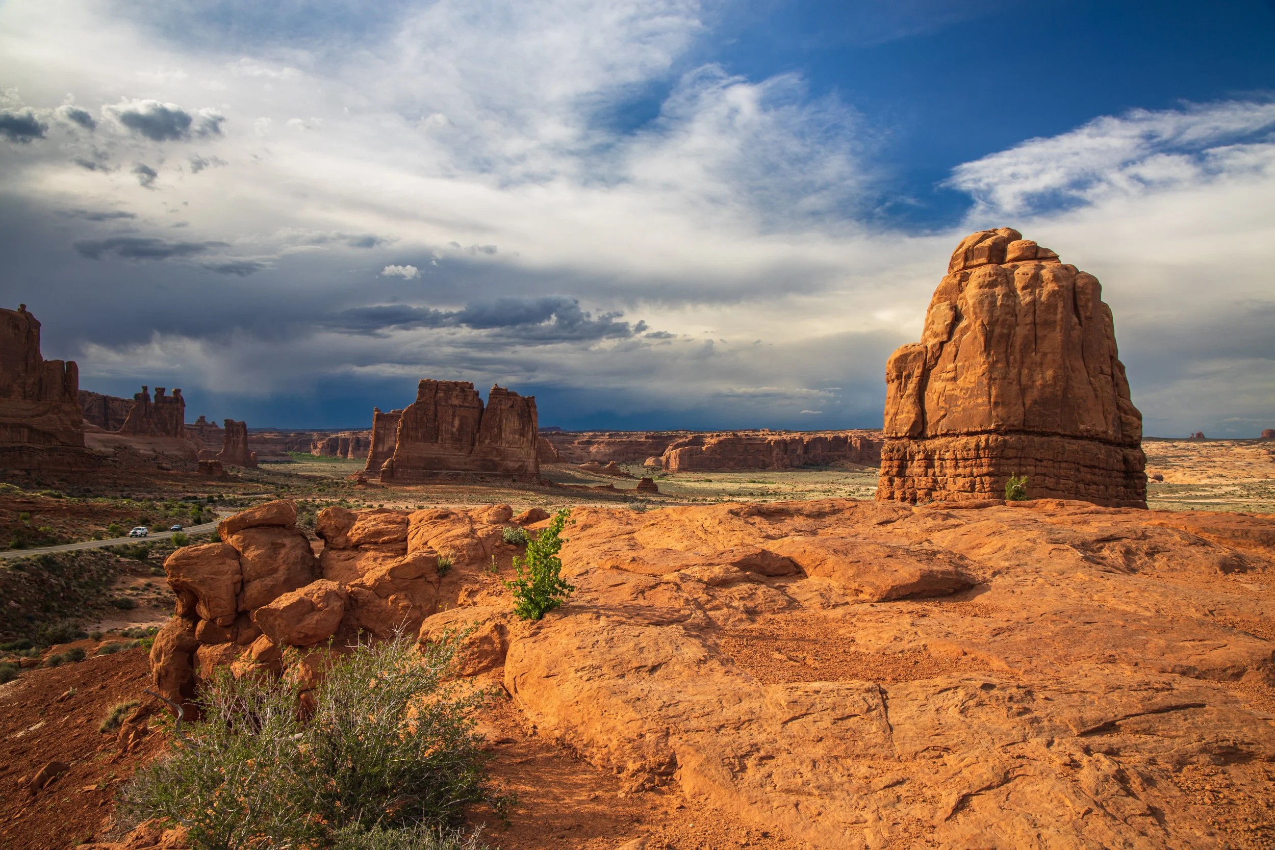 A late evening storm moves in over Arches National Park, Utah.