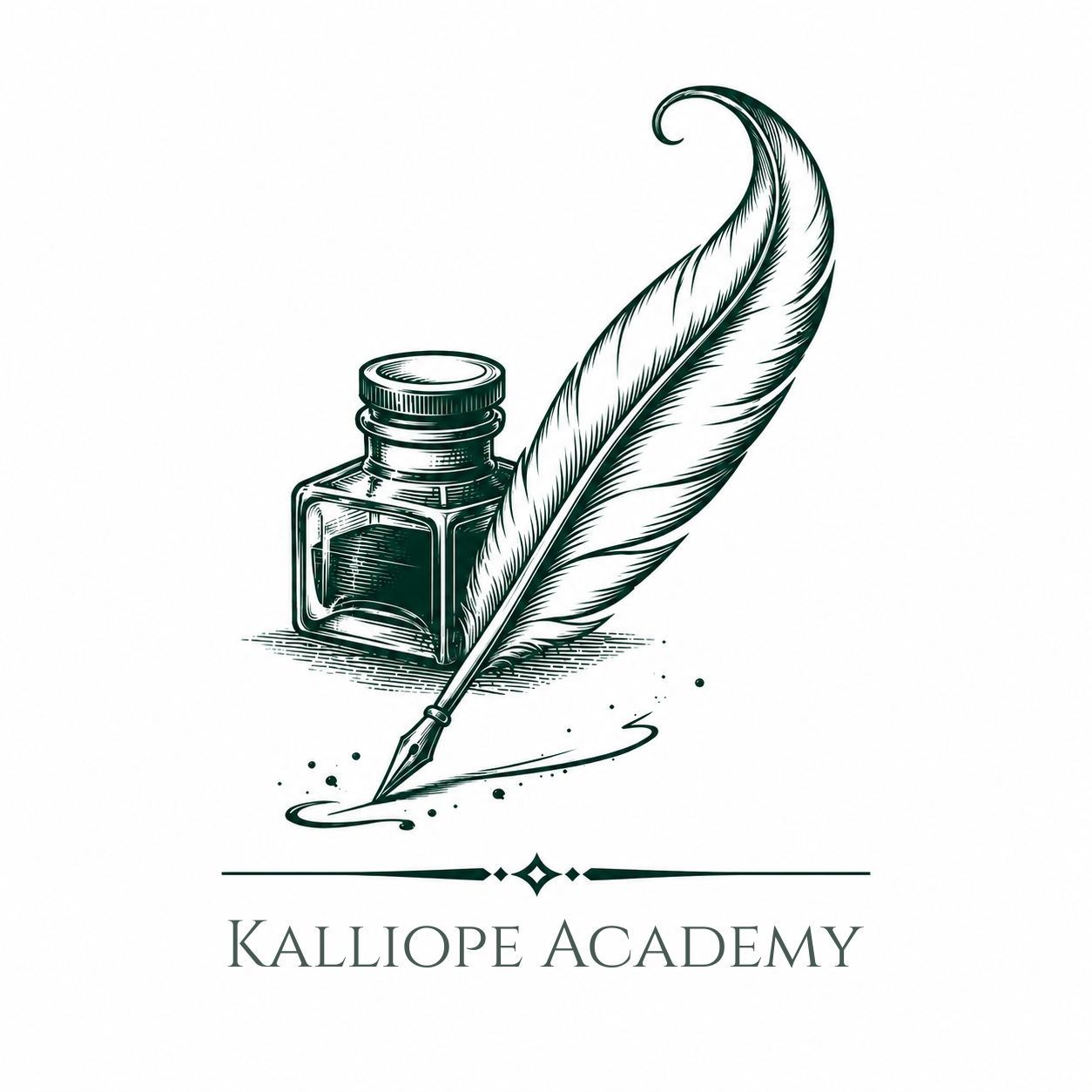Ein Tintenfass mit Feder und der Text "Kalliope Academy" darunter.