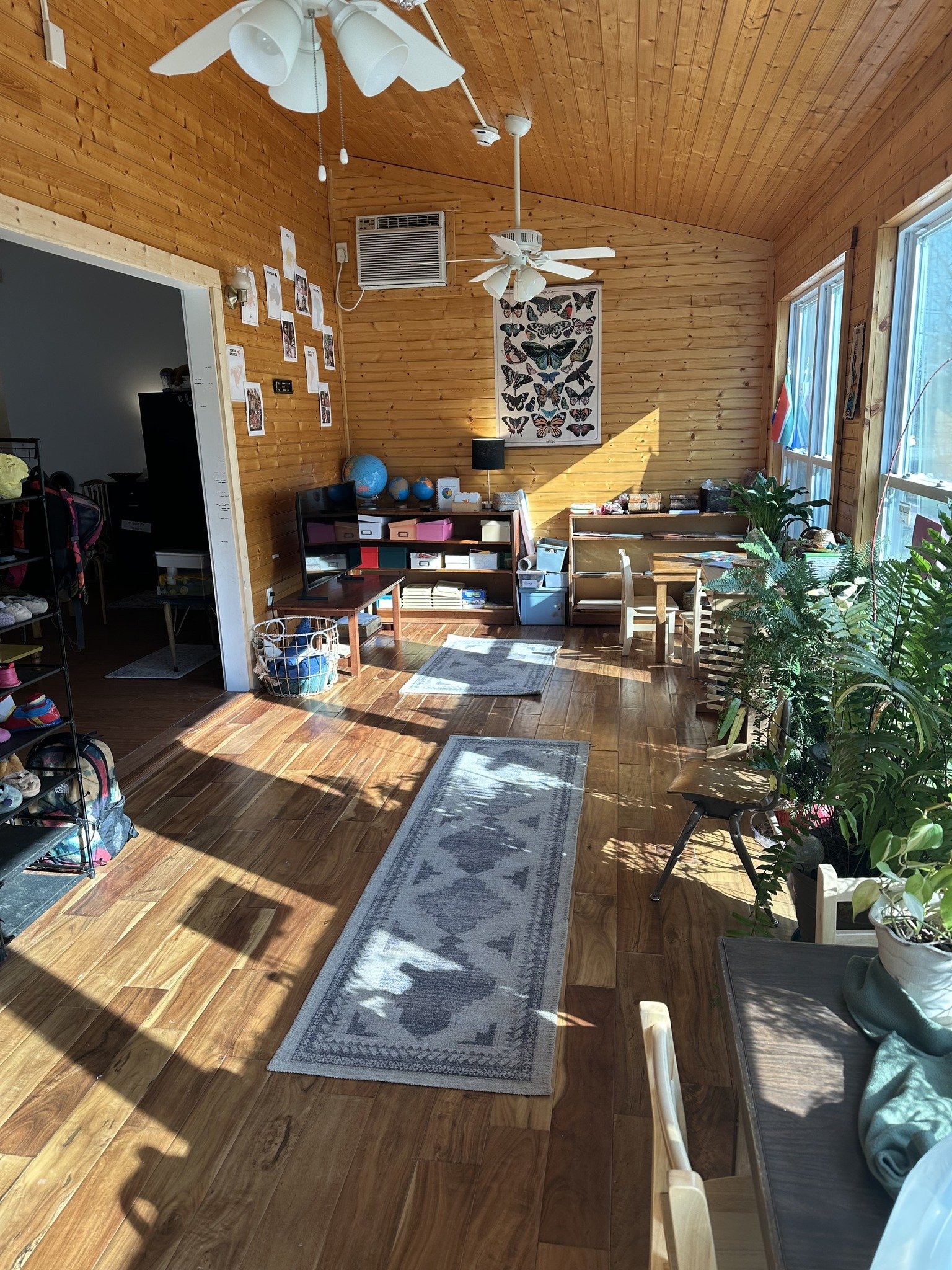 A sunlit room with wooden walls and floor, featuring ceiling fans, a bookshelf with globes, potted plants, small chairs, a table, and windows letting in sunlight.