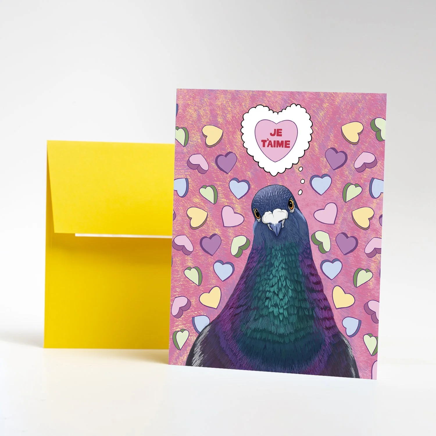 Parisian Pigeon says Je T'aime (I love you)  A2 greeting card