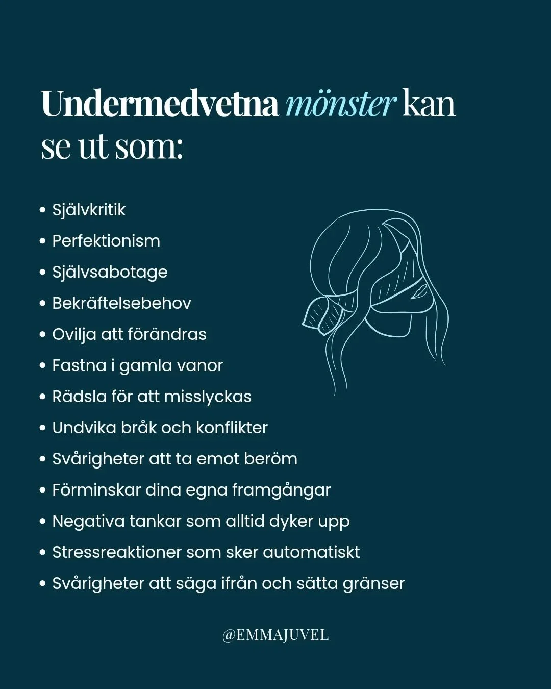 Undermedvetna m&ouml;nster kan ta sig m&aring;nga uttryck.
Ibland som sj&auml;lvkritik eller perfektionism.
Ibland som stressreaktioner, r&auml;dsla f&ouml;r att misslyckas eller en tendens att f&ouml;rminska det du faktiskt &aring;stadkommer.

Du ka